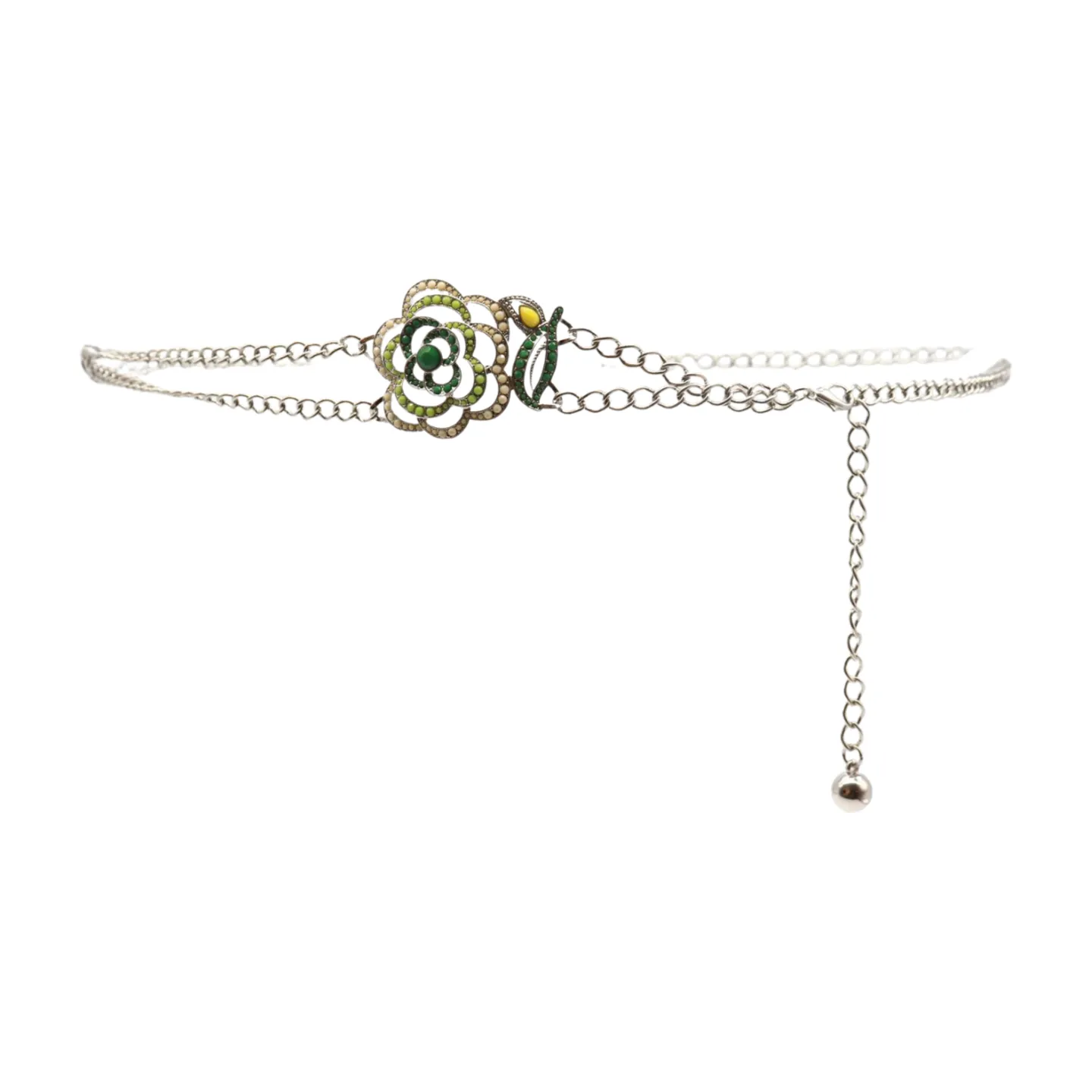 Silver Metal Chain F Belt Hip Waist Green Flower Charm XS S M