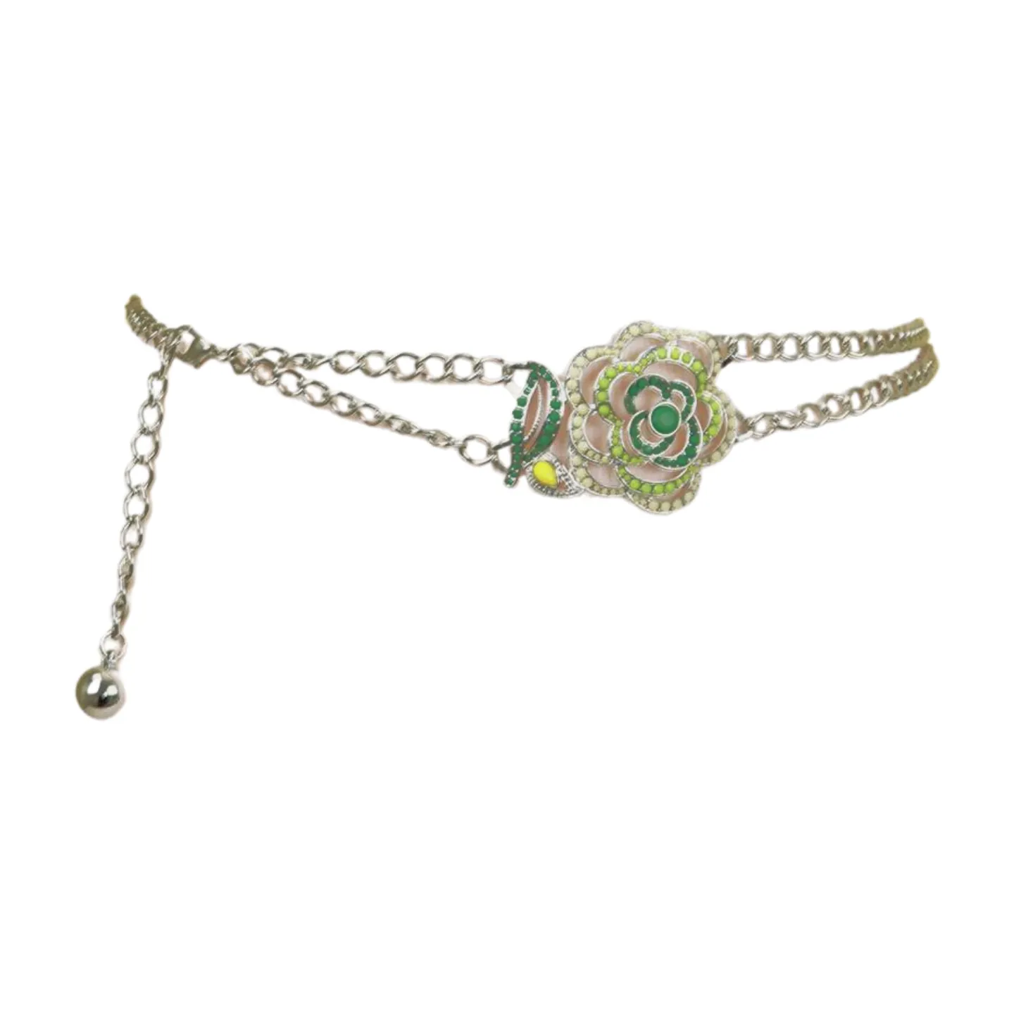 Silver Metal Chain F Belt Hip Waist Green Flower Charm XS S M