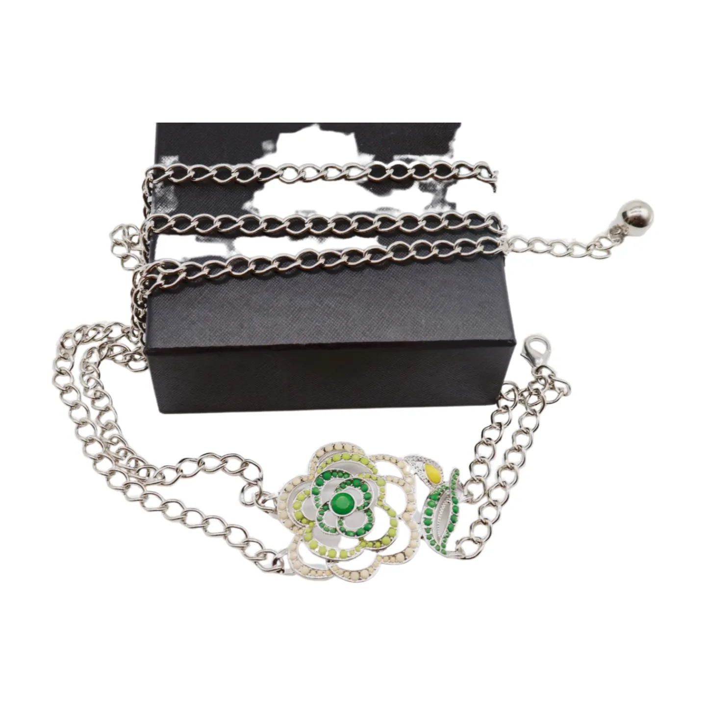 Silver Metal Chain F Belt Hip Waist Green Flower Charm XS S M