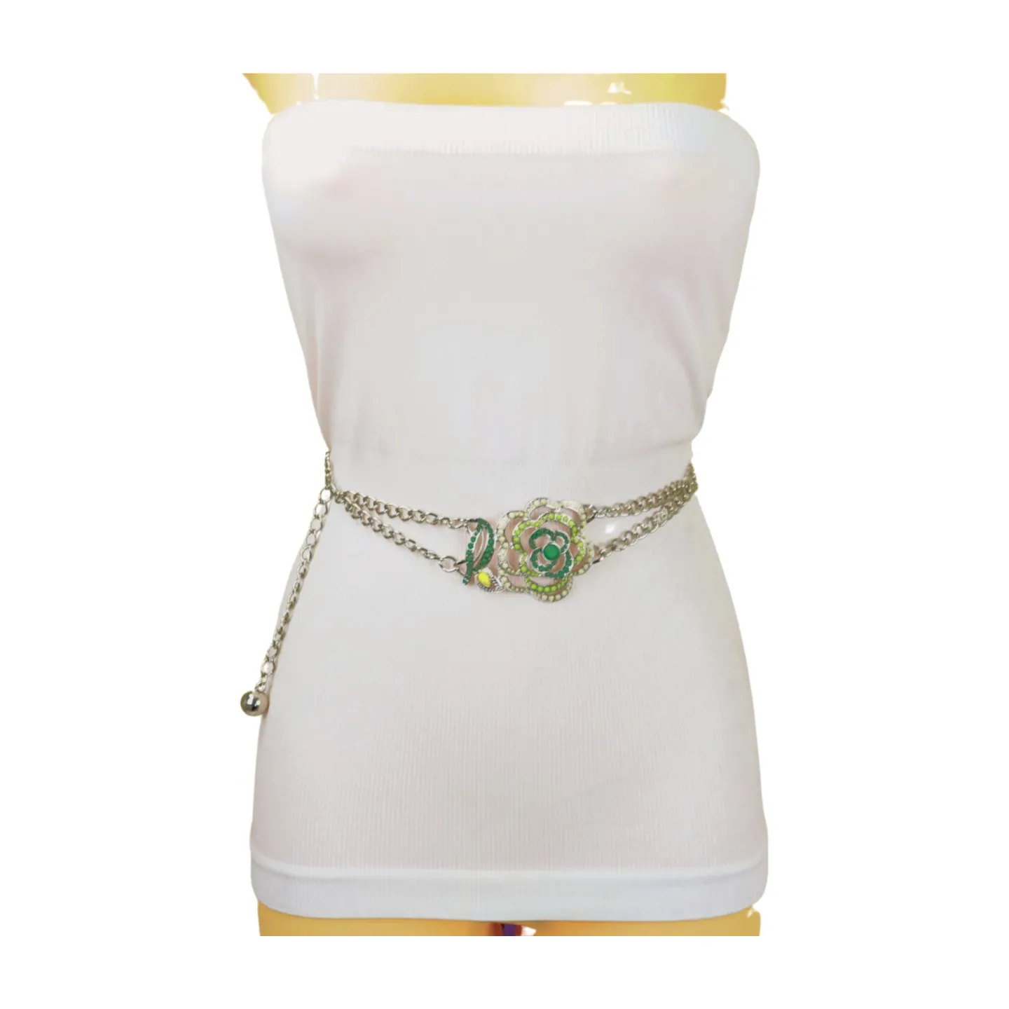 Silver Metal Chain F Belt Hip Waist Green Flower Charm XS S M