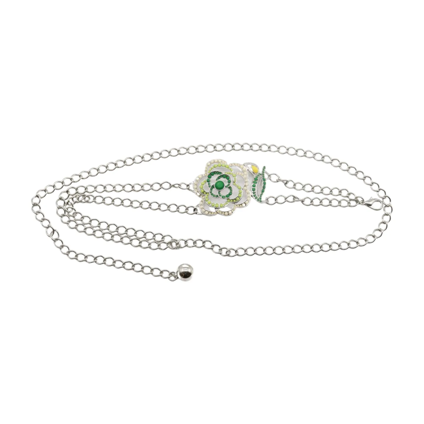 Silver Metal Chain F Belt Hip Waist Green Flower Charm XS S M