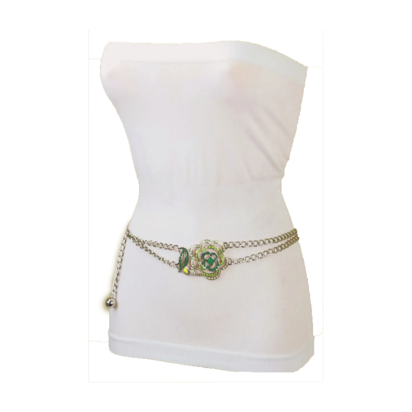 Silver Metal Chain F Belt Hip Waist Green Flower Charm XS S M