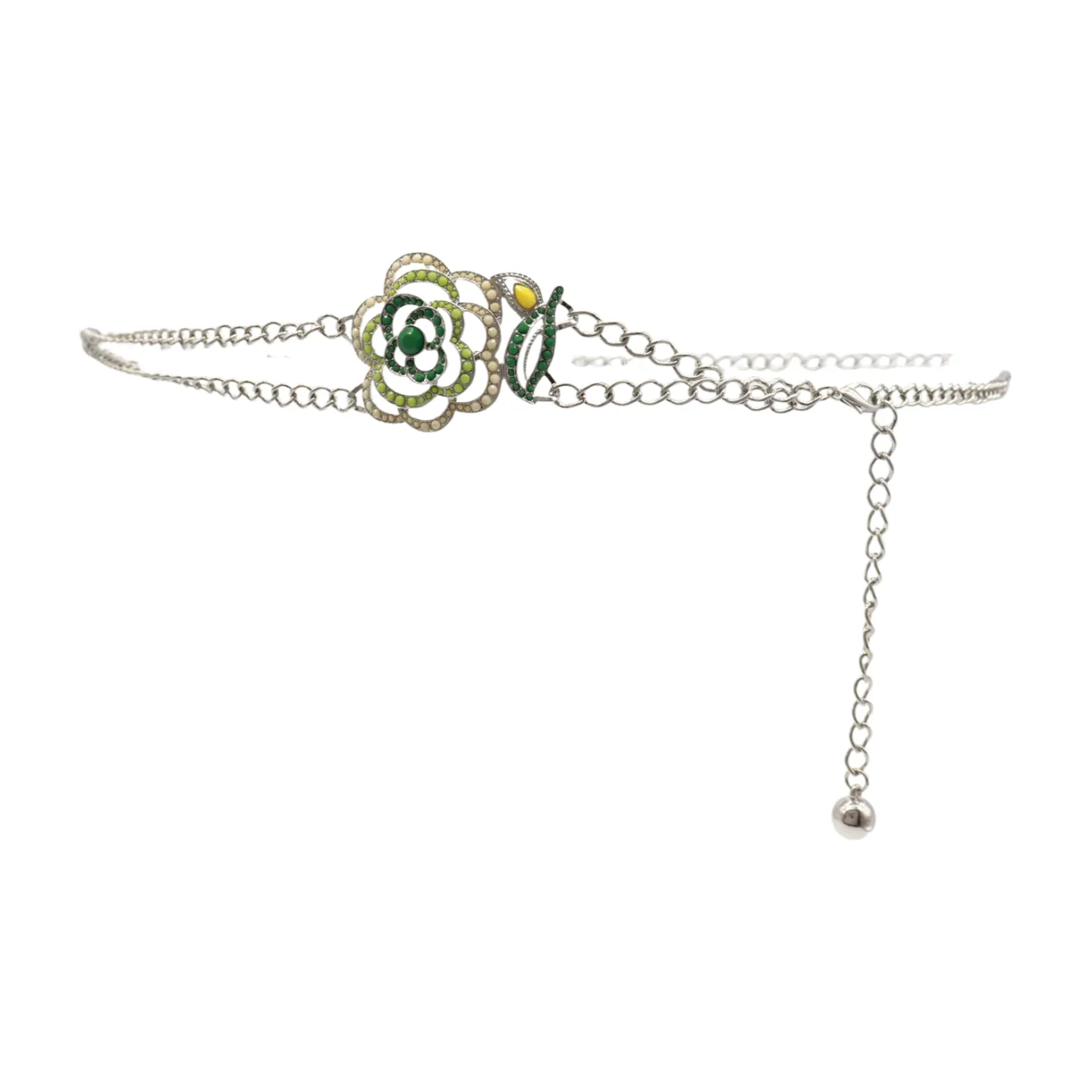 Silver Metal Chain F Belt Hip Waist Green Flower Charm XS S M