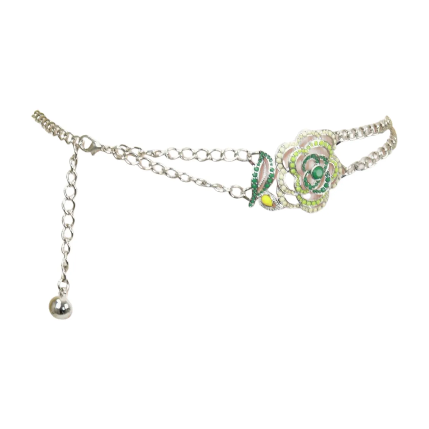 Silver Metal Chain F Belt Hip Waist Green Flower Charm XS S M