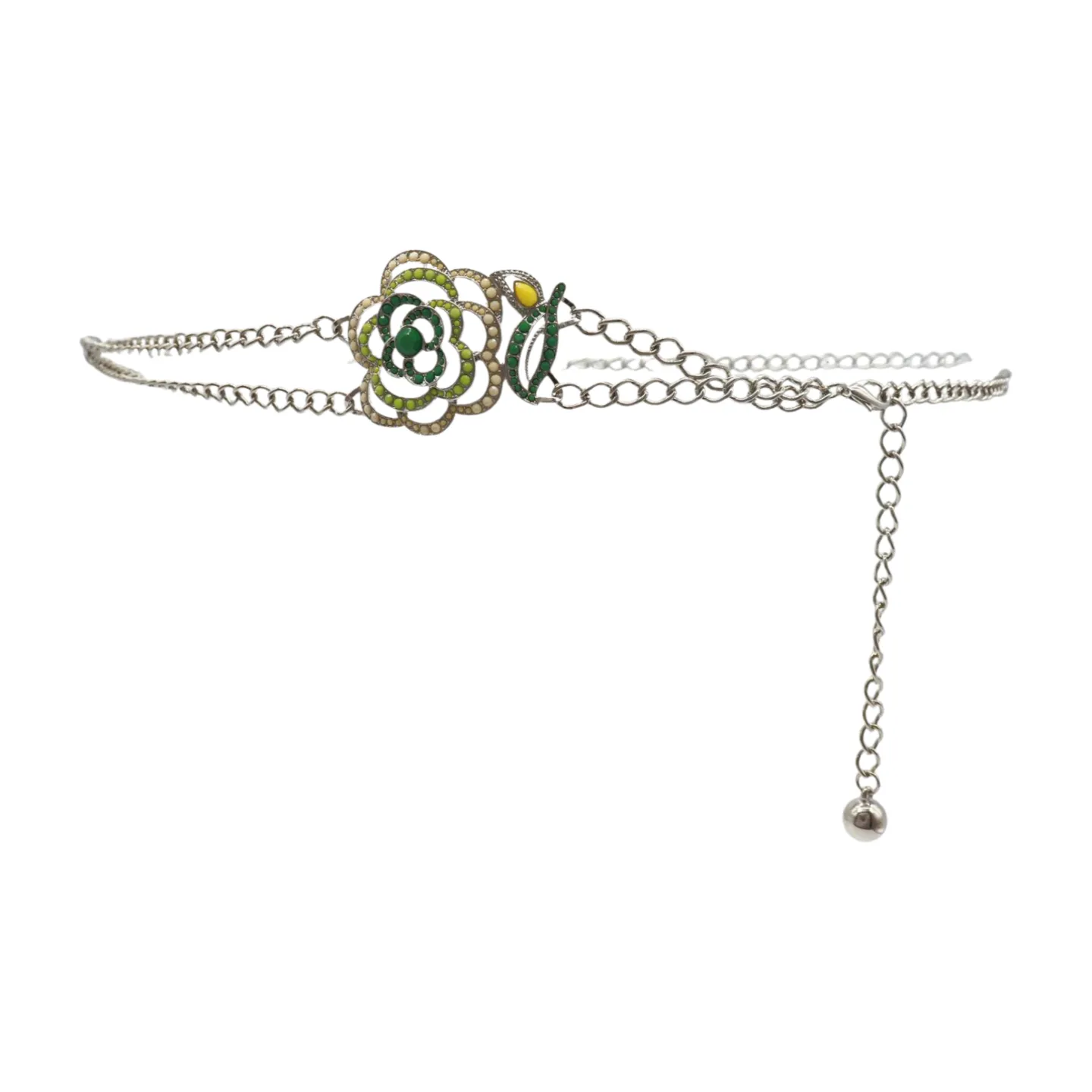 Silver Metal Chain F Belt Hip Waist Green Flower Charm XS S M