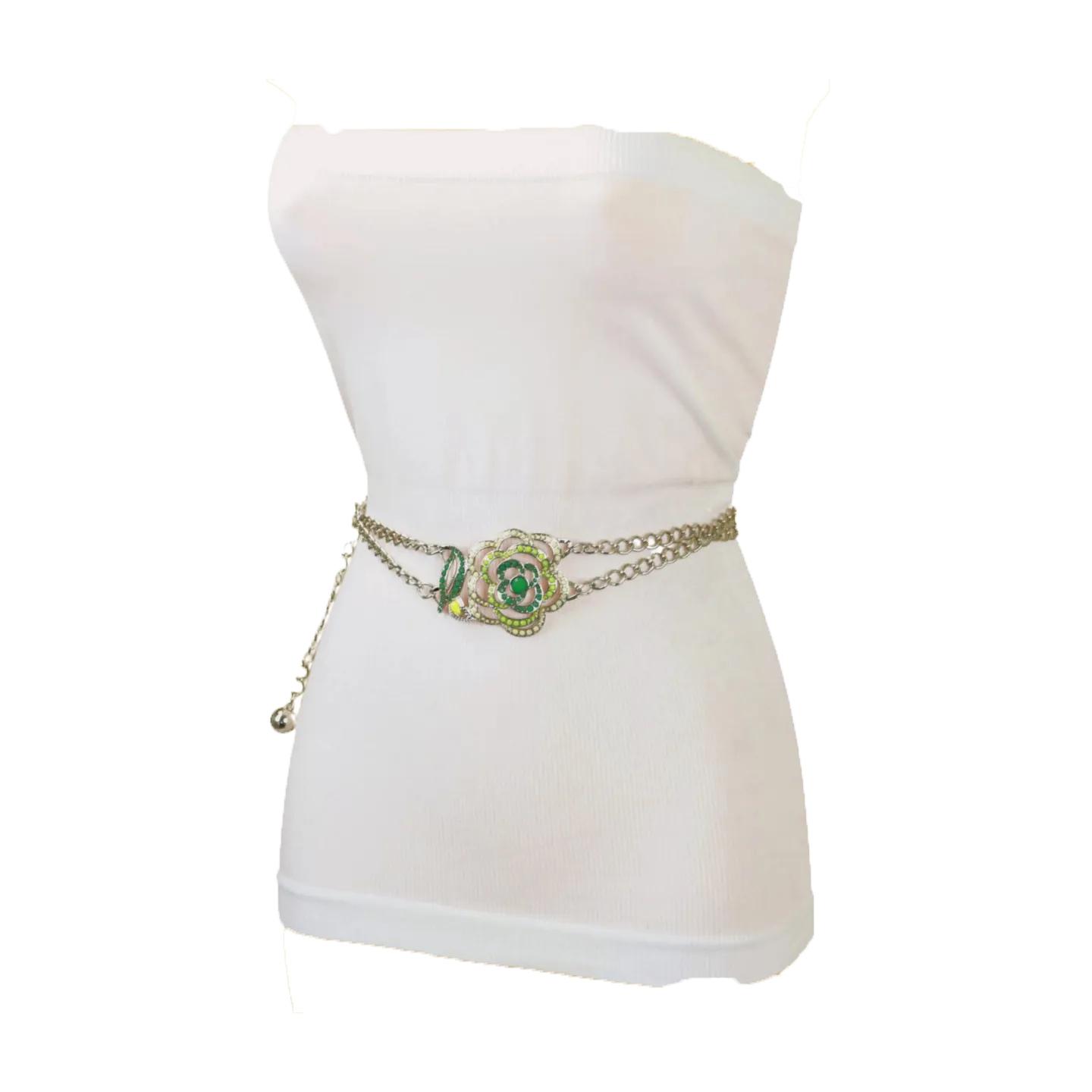 Silver Metal Chain F Belt Hip Waist Green Flower Charm XS S M