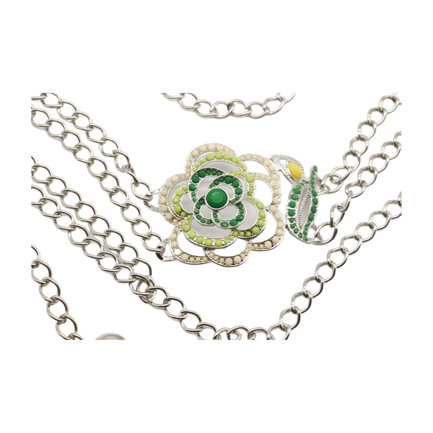 Silver Metal Chain F Belt Hip Waist Green Flower Charm XS S M