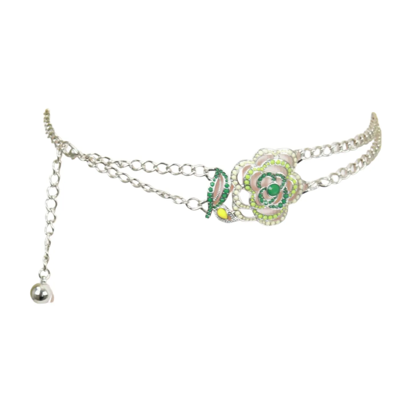 Silver Metal Chain F Belt Hip Waist Green Flower Charm XS S M
