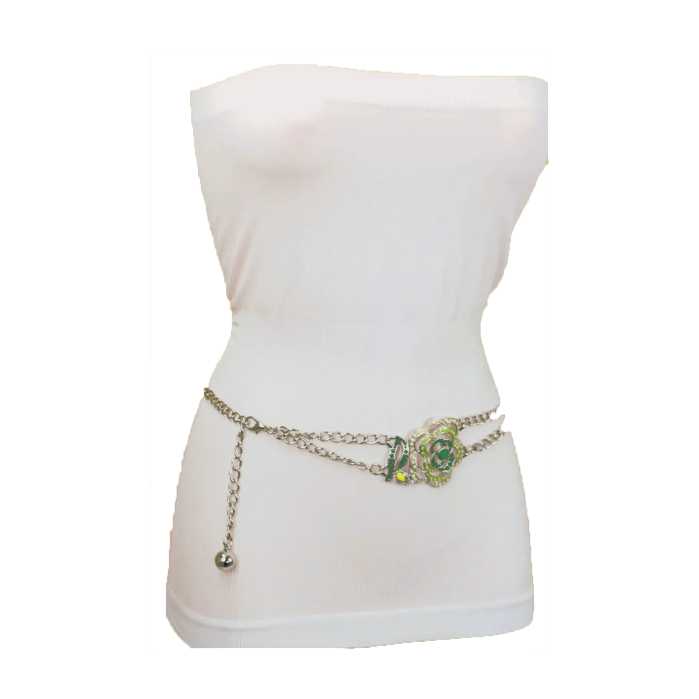 Silver Metal Chain F Belt Hip Waist Green Flower Charm XS S M