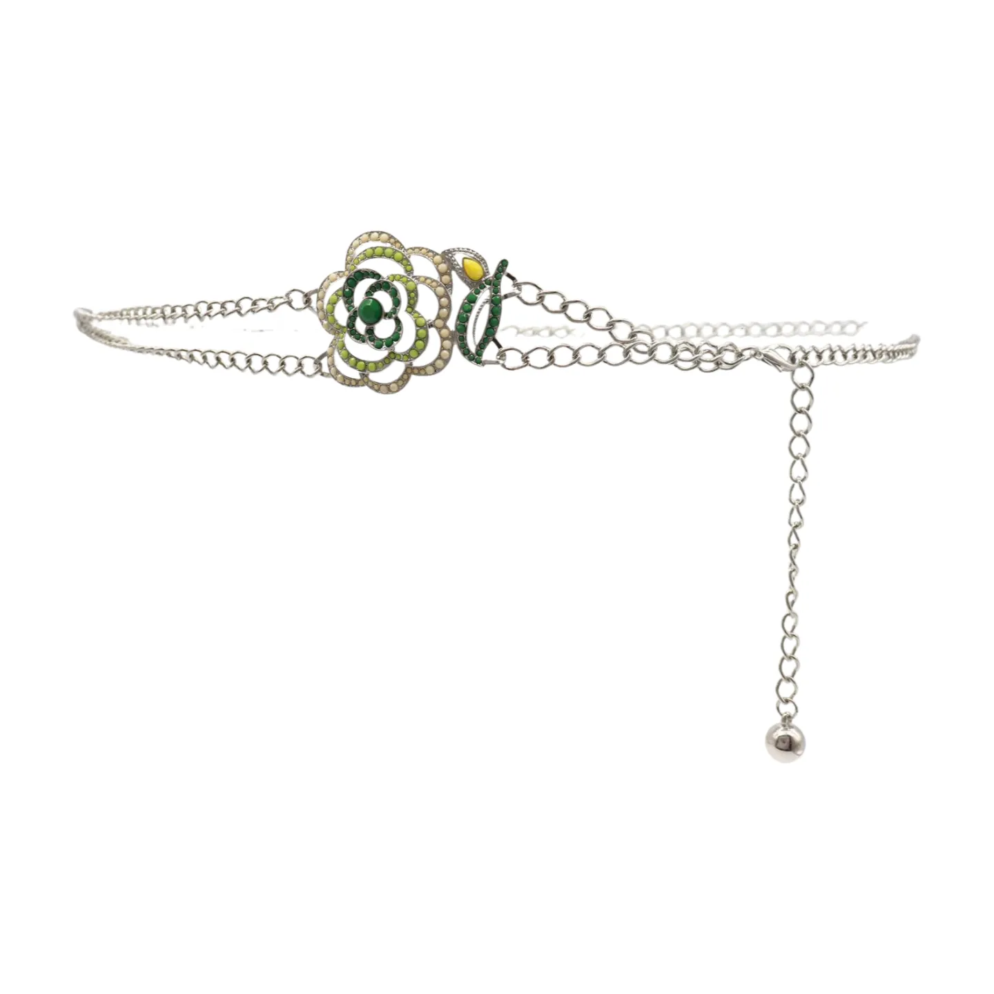 Silver Metal Chain F Belt Hip Waist Green Flower Charm XS S M