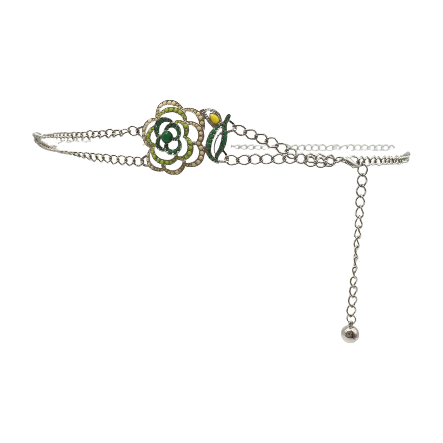 Silver Metal Chain F Belt Hip Waist Green Flower Charm XS S M