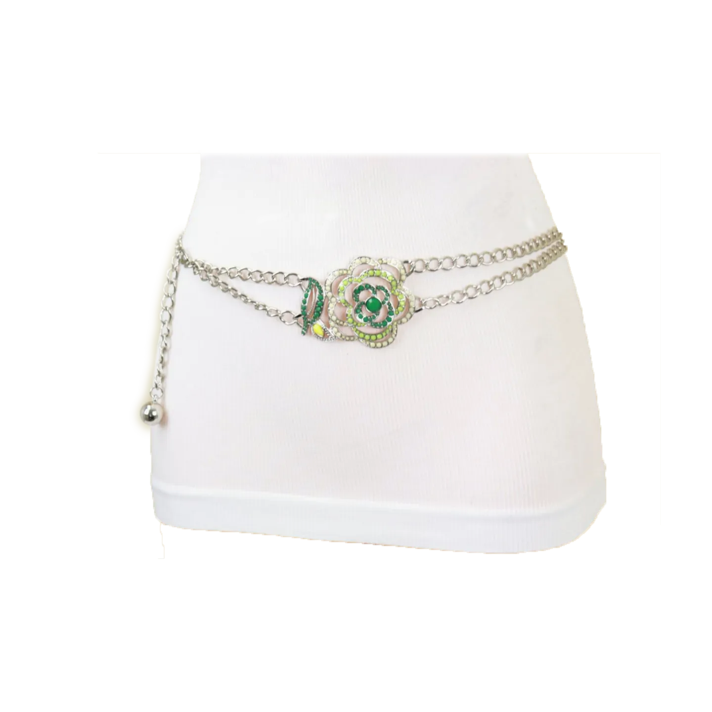 Silver Metal Chain F Belt Hip Waist Green Flower Charm XS S M