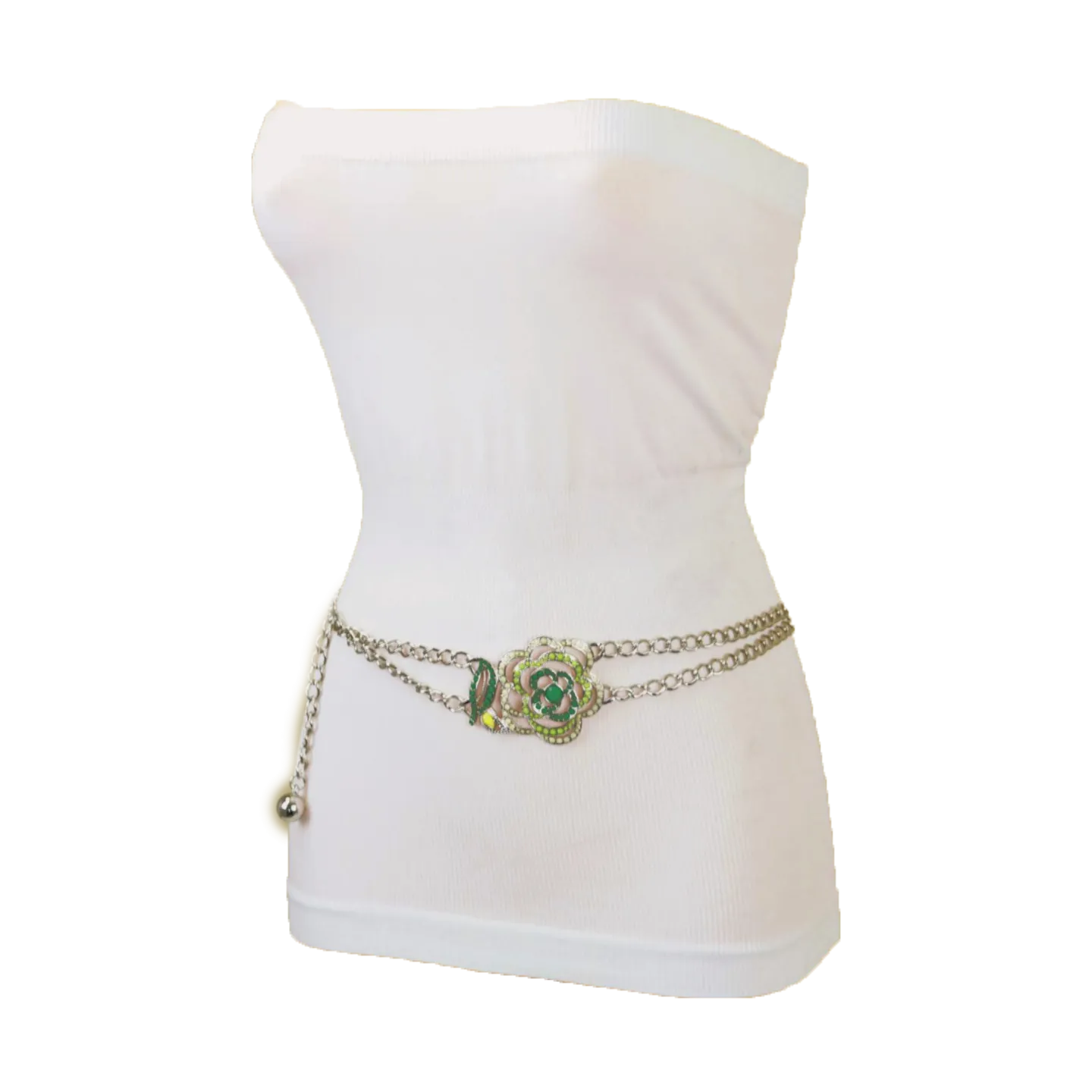 Silver Metal Chain F Belt Hip Waist Green Flower Charm XS S M