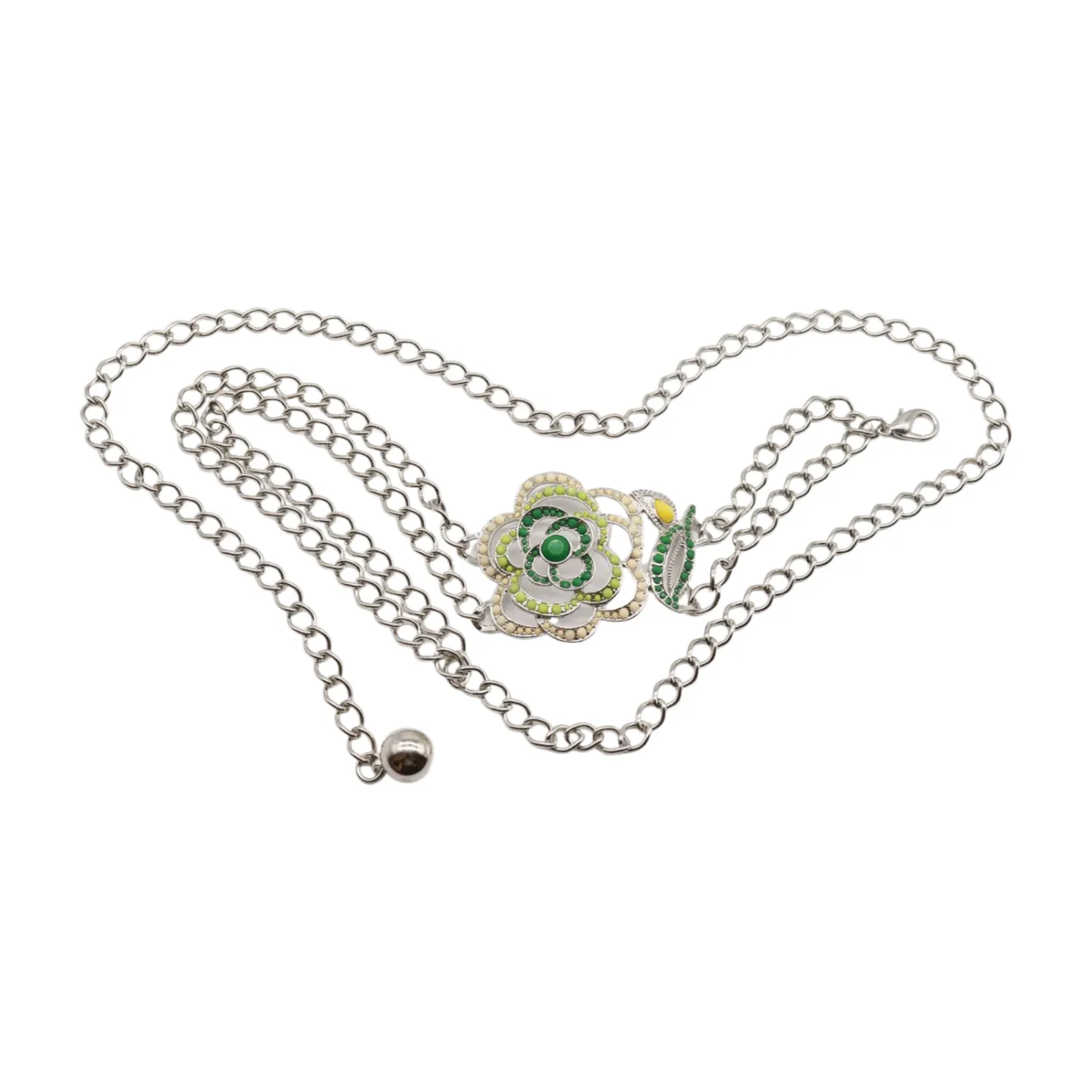 Silver Metal Chain F Belt Hip Waist Green Flower Charm XS S M