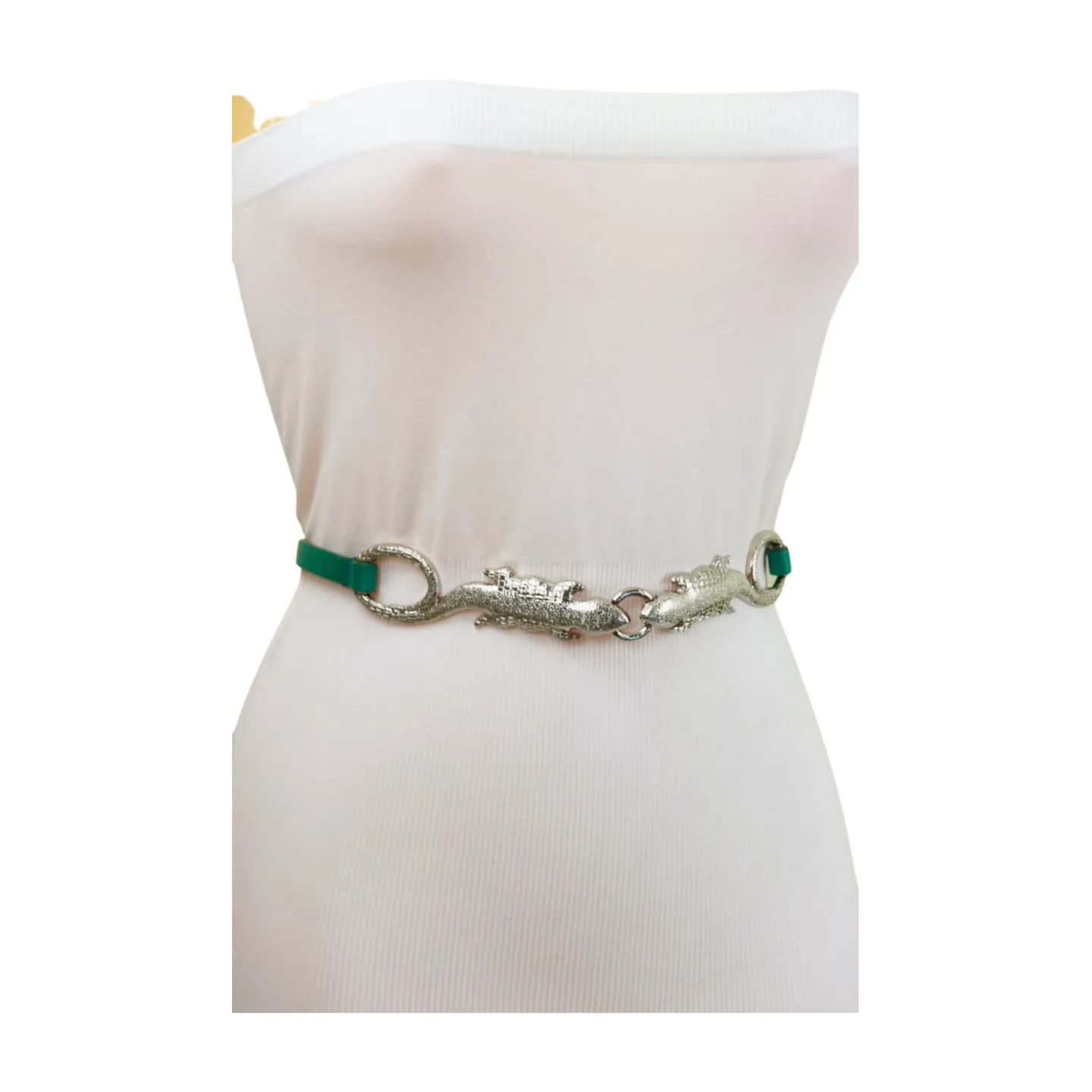Silver Metal Chain Gecko Lizard Charm Belt Green Strap Size S M L