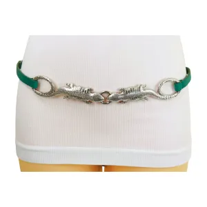 Silver Metal Chain Gecko Lizard Charm Belt Green Strap Size S M L