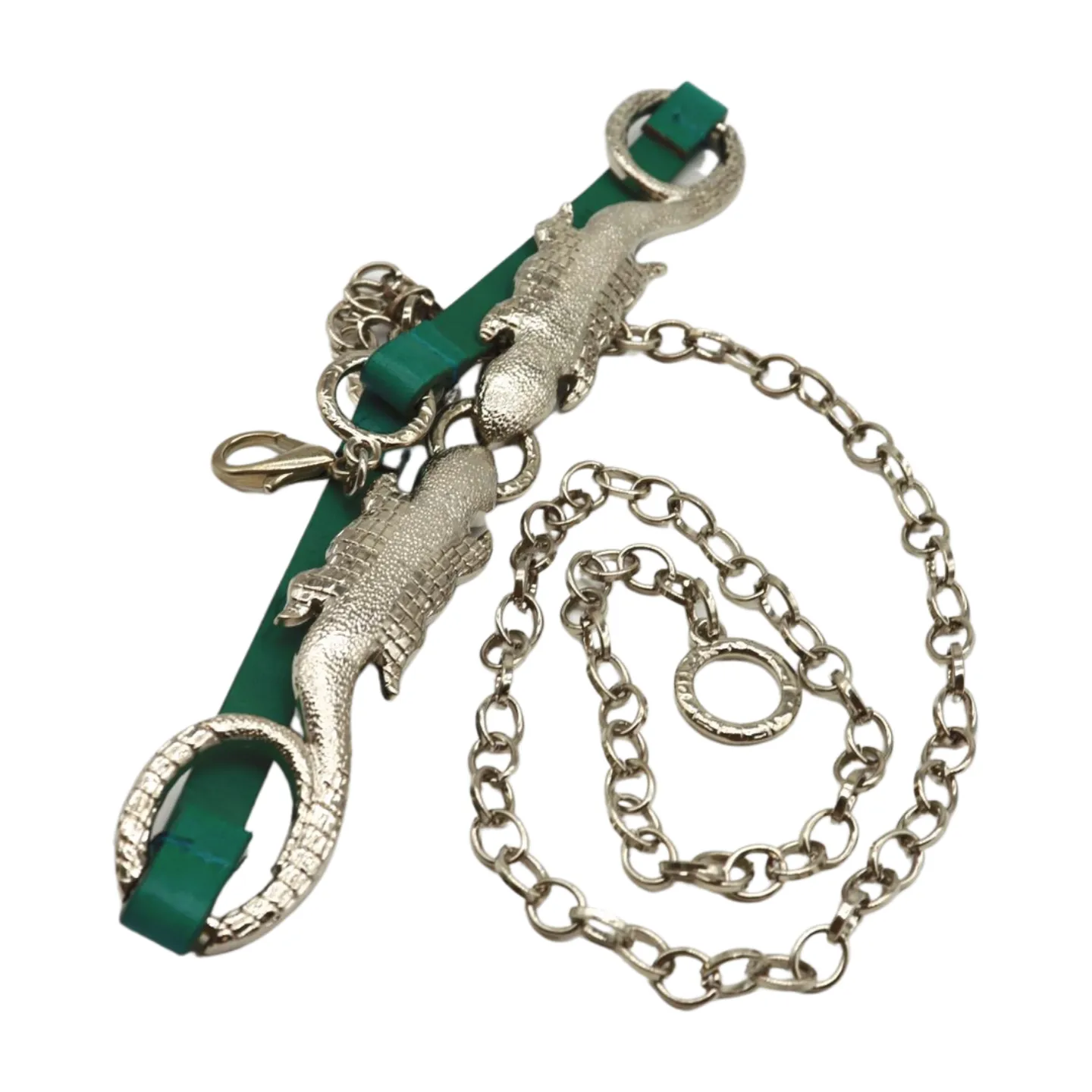 Silver Metal Chain Gecko Lizard Charm Belt Green Strap Size S M L