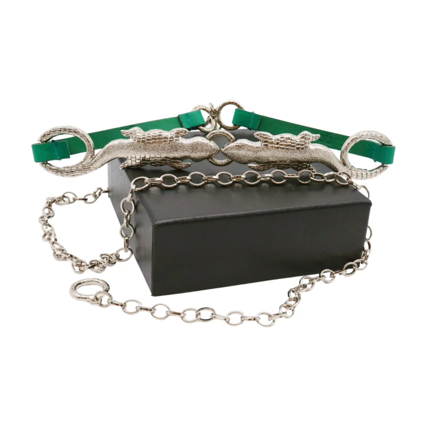 Silver Metal Chain Gecko Lizard Charm Belt Green Strap Size S M L