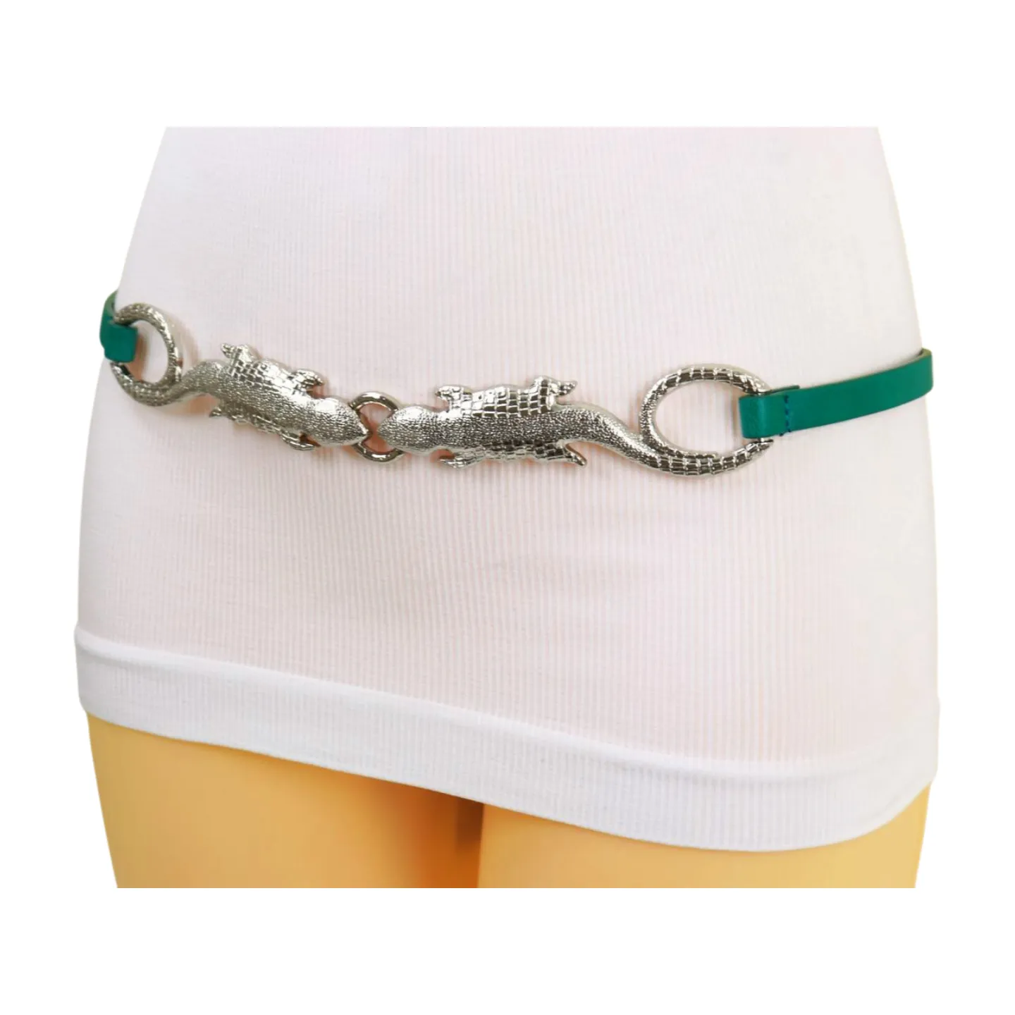Silver Metal Chain Gecko Lizard Charm Belt Green Strap Size S M L