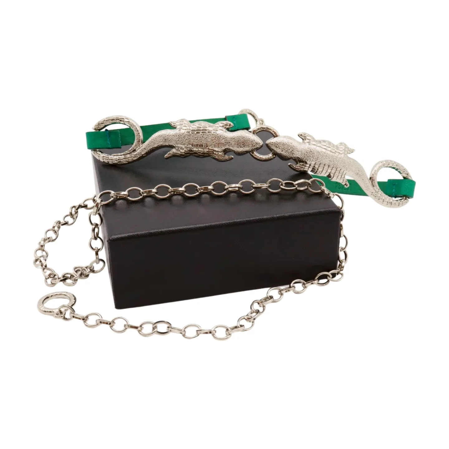 Silver Metal Chain Gecko Lizard Charm Belt Green Strap Size S M L