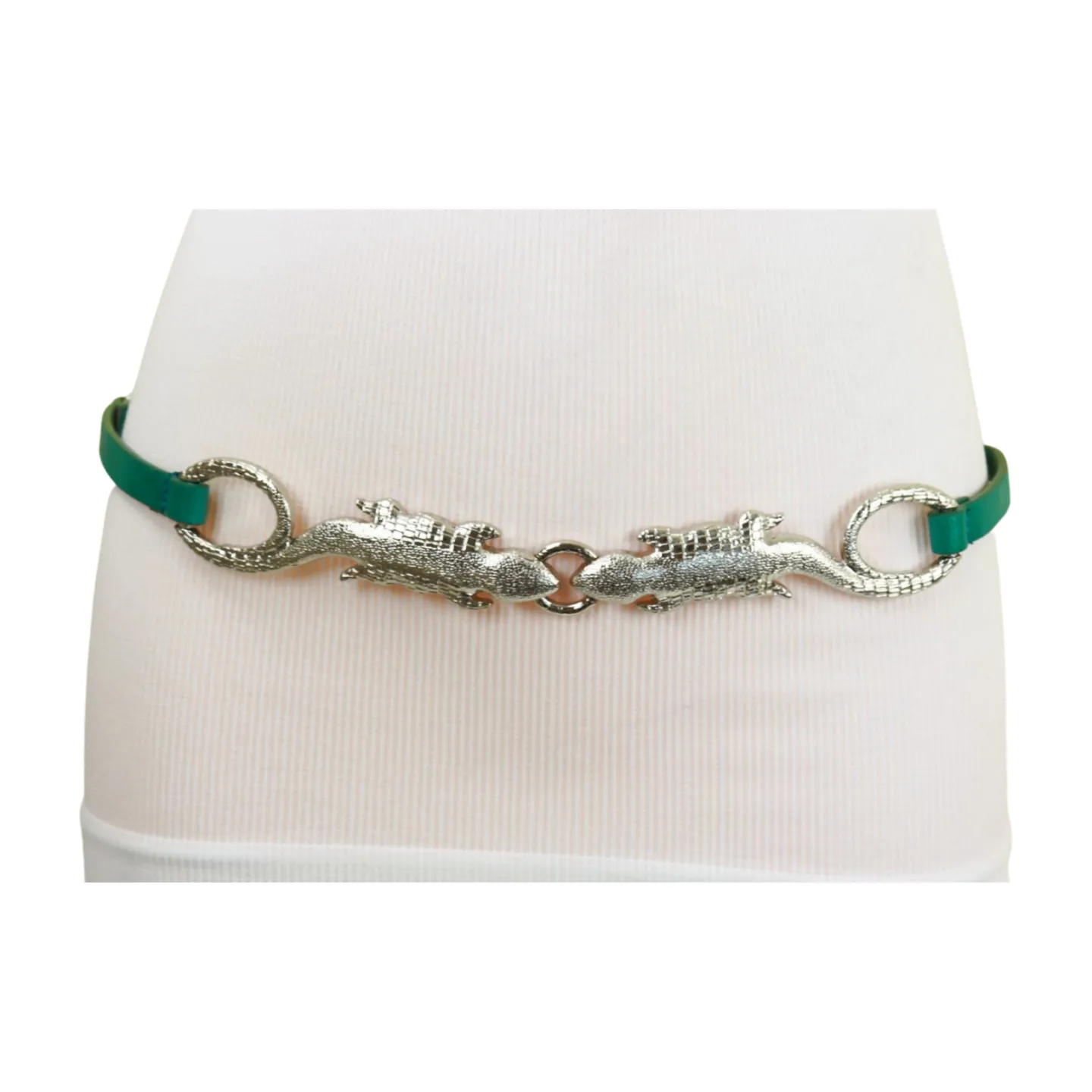 Silver Metal Chain Gecko Lizard Charm Belt Green Strap Size S M L