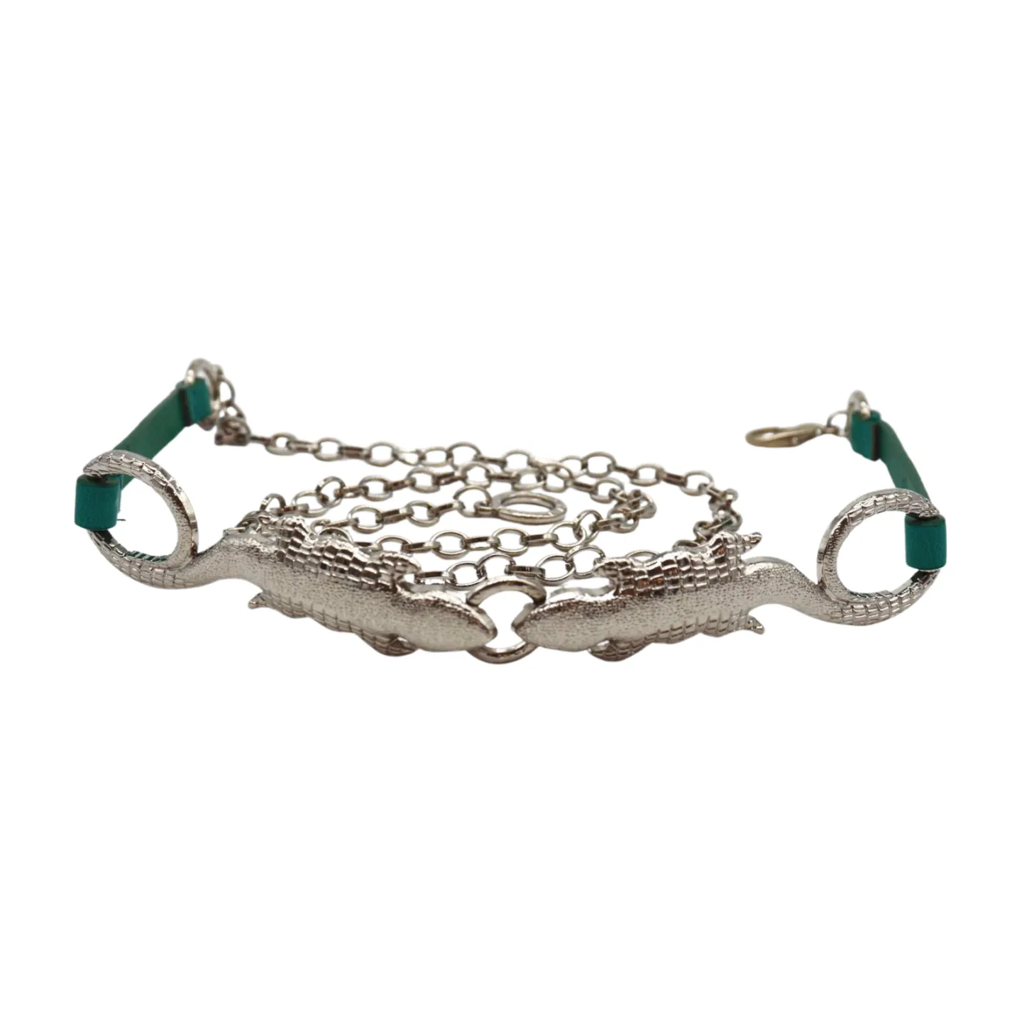 Silver Metal Chain Gecko Lizard Charm Belt Green Strap Size S M L