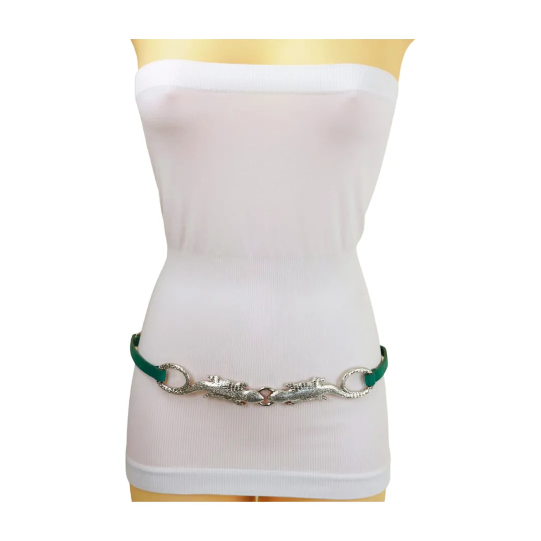 Silver Metal Chain Gecko Lizard Charm Belt Green Strap Size S M L