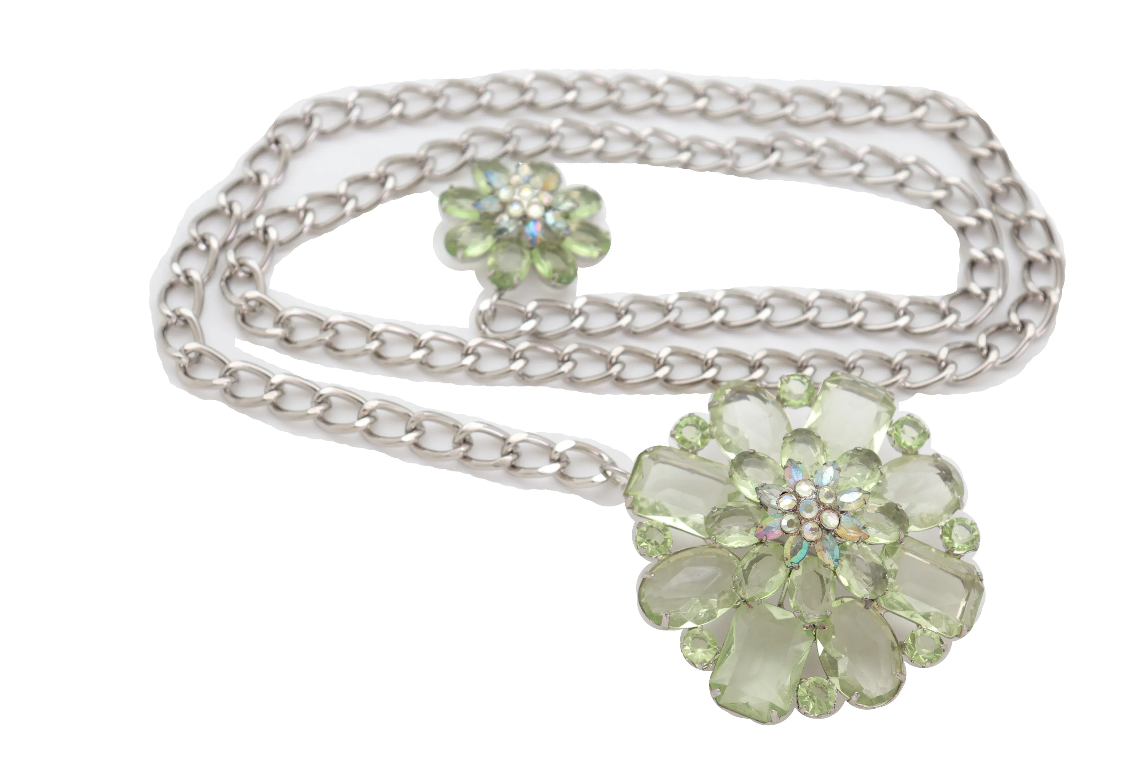 Silver Metal Chain Links Hip High Waist Fashion Belt Green Flower Fit Size XS S M
