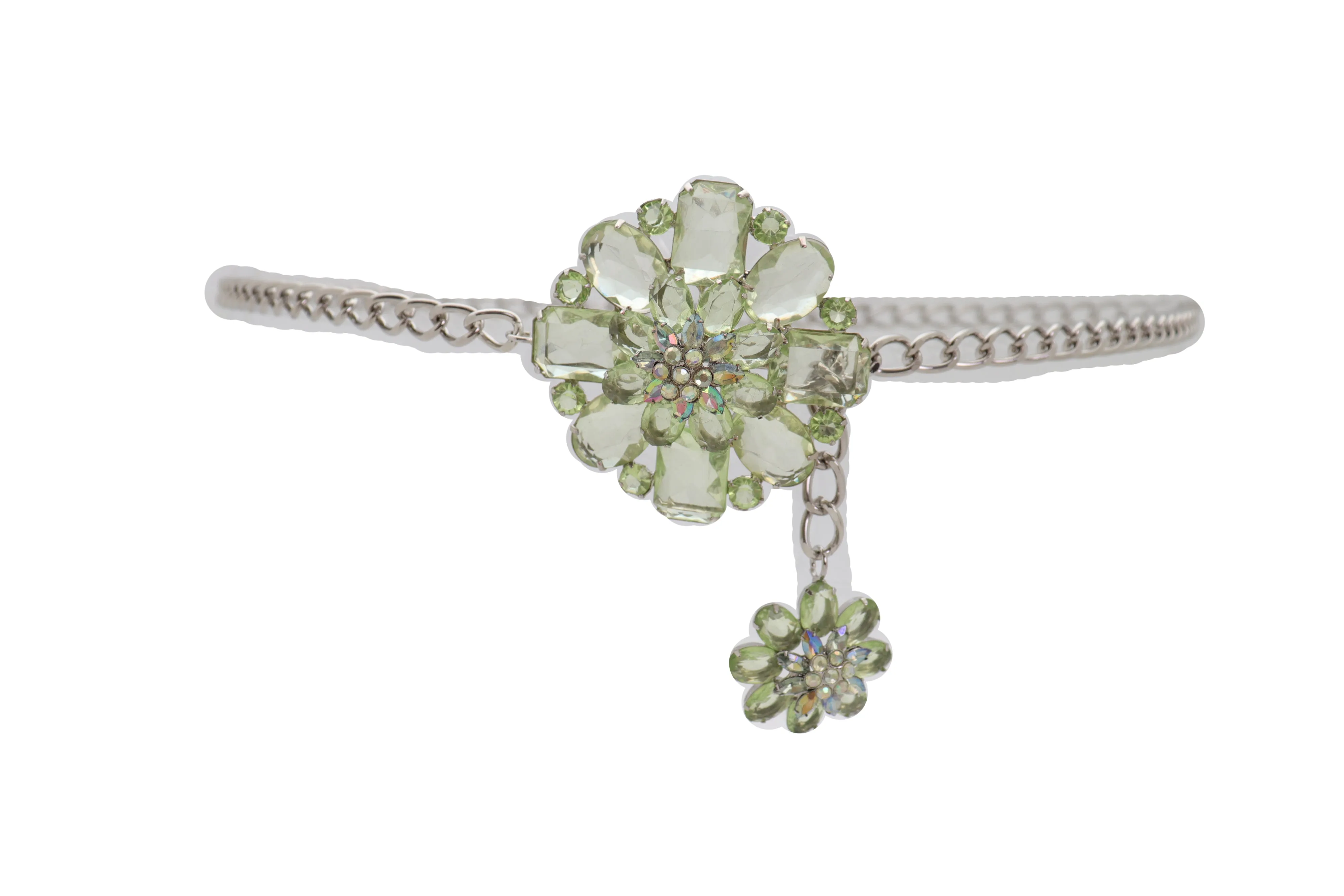Silver Metal Chain Links Hip High Waist Fashion Belt Green Flower Fit Size XS S M