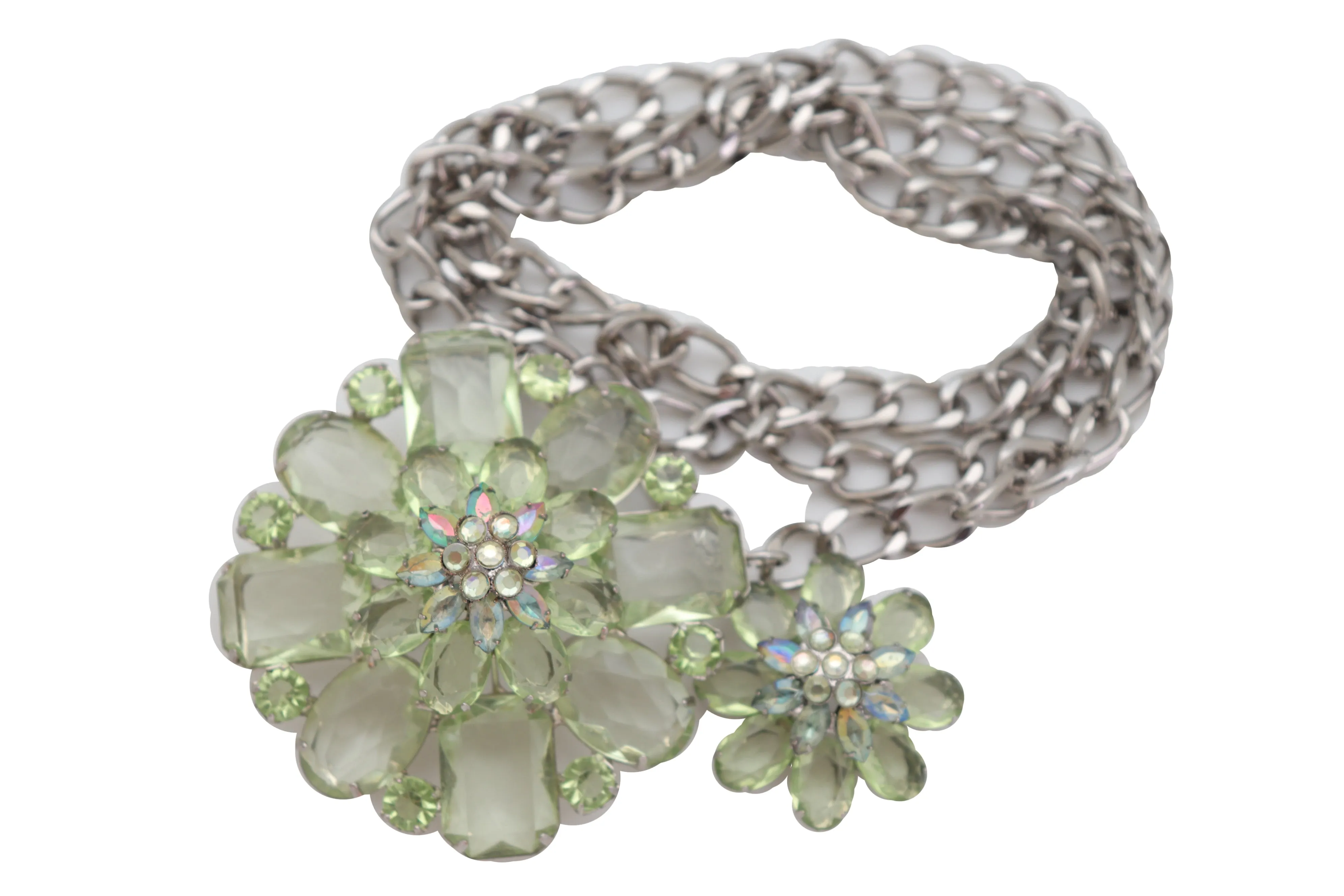 Silver Metal Chain Links Hip High Waist Fashion Belt Green Flower Fit Size XS S M