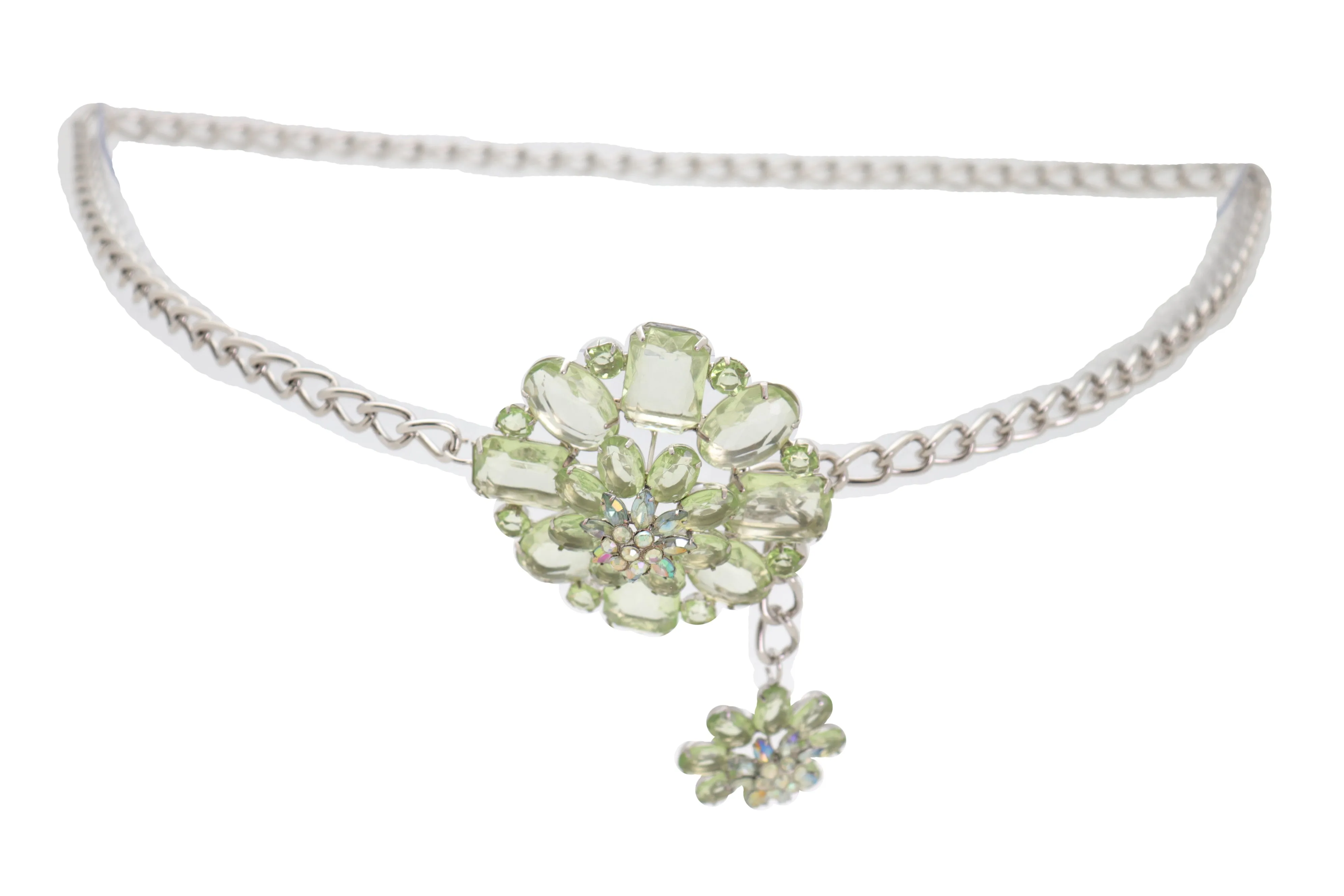 Silver Metal Chain Links Hip High Waist Fashion Belt Green Flower Fit Size XS S M
