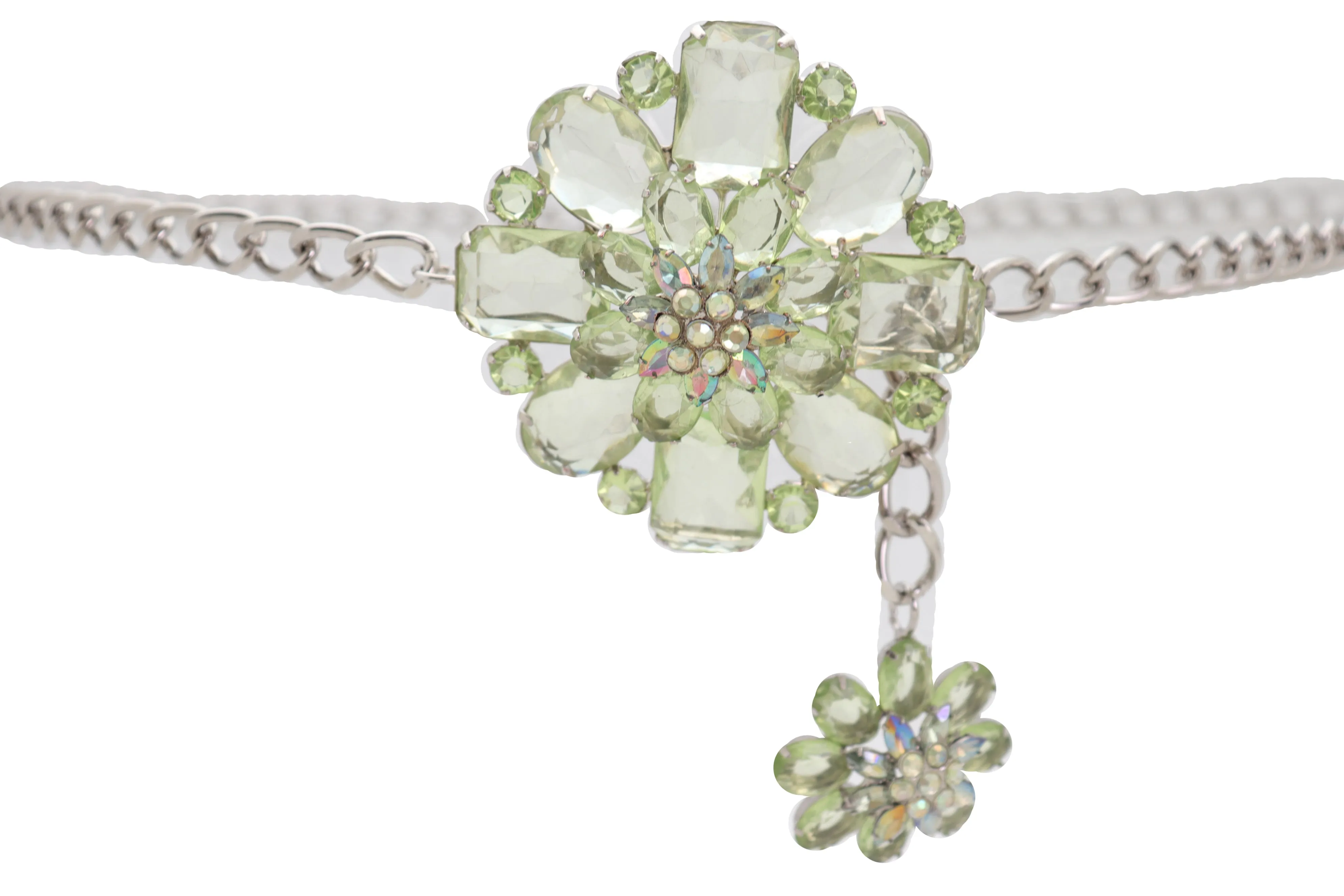 Silver Metal Chain Links Hip High Waist Fashion Belt Green Flower Fit Size XS S M