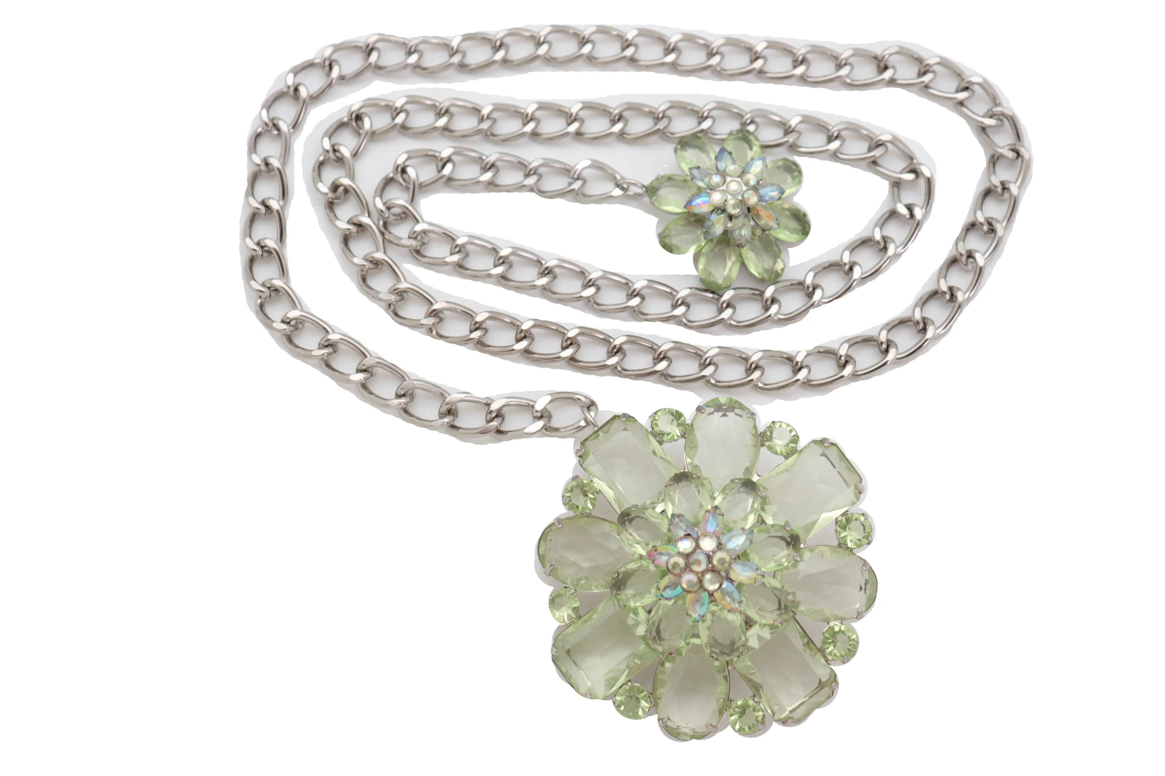 Silver Metal Chain Links Hip High Waist Fashion Belt Green Flower Fit Size XS S M