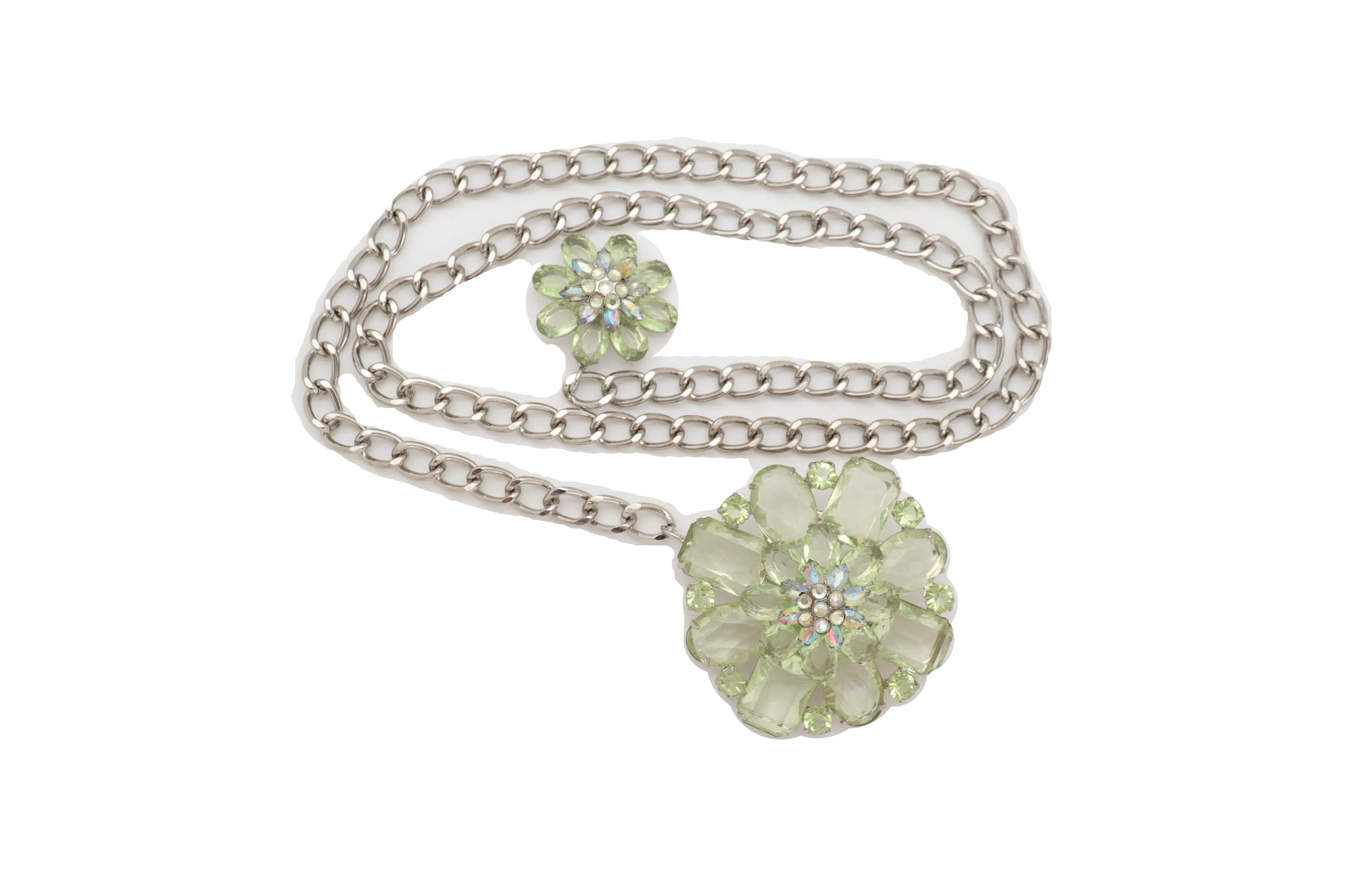 Silver Metal Chain Links Hip High Waist Fashion Belt Green Flower Fit Size XS S M