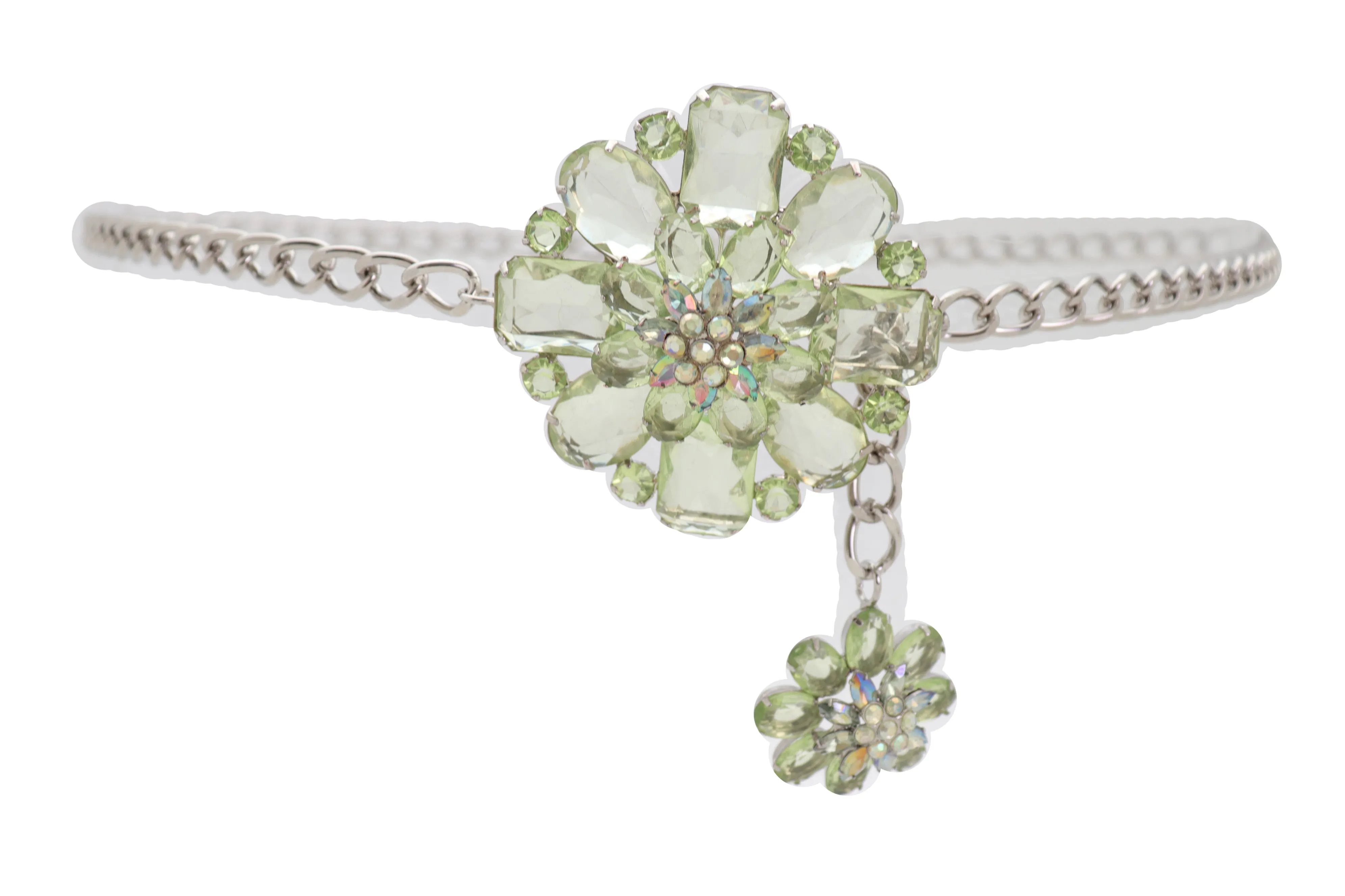 Silver Metal Chain Links Hip High Waist Fashion Belt Green Flower Fit Size XS S M