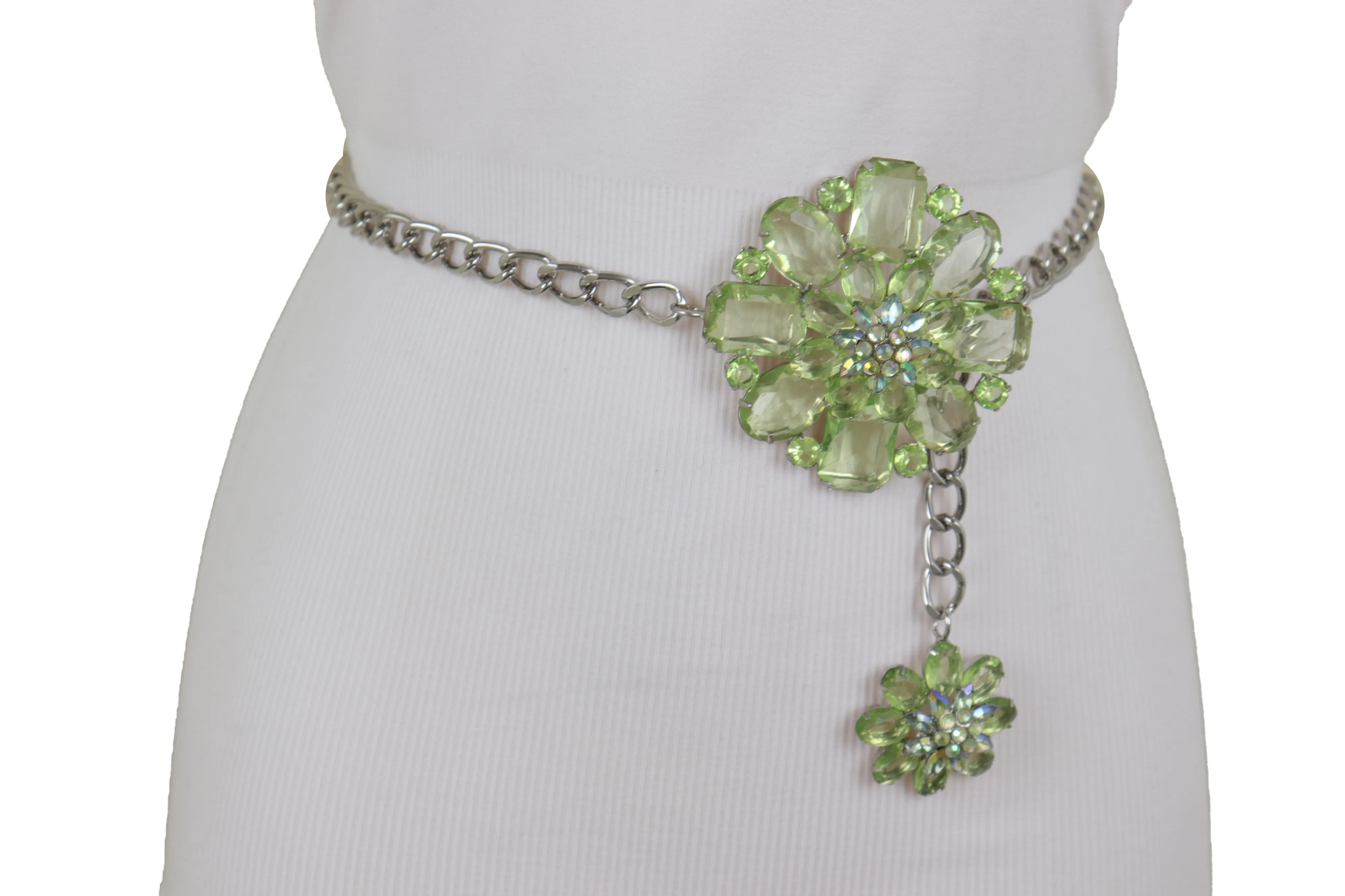 Silver Metal Chain Links Hip High Waist Fashion Belt Green Flower Fit Size XS S M