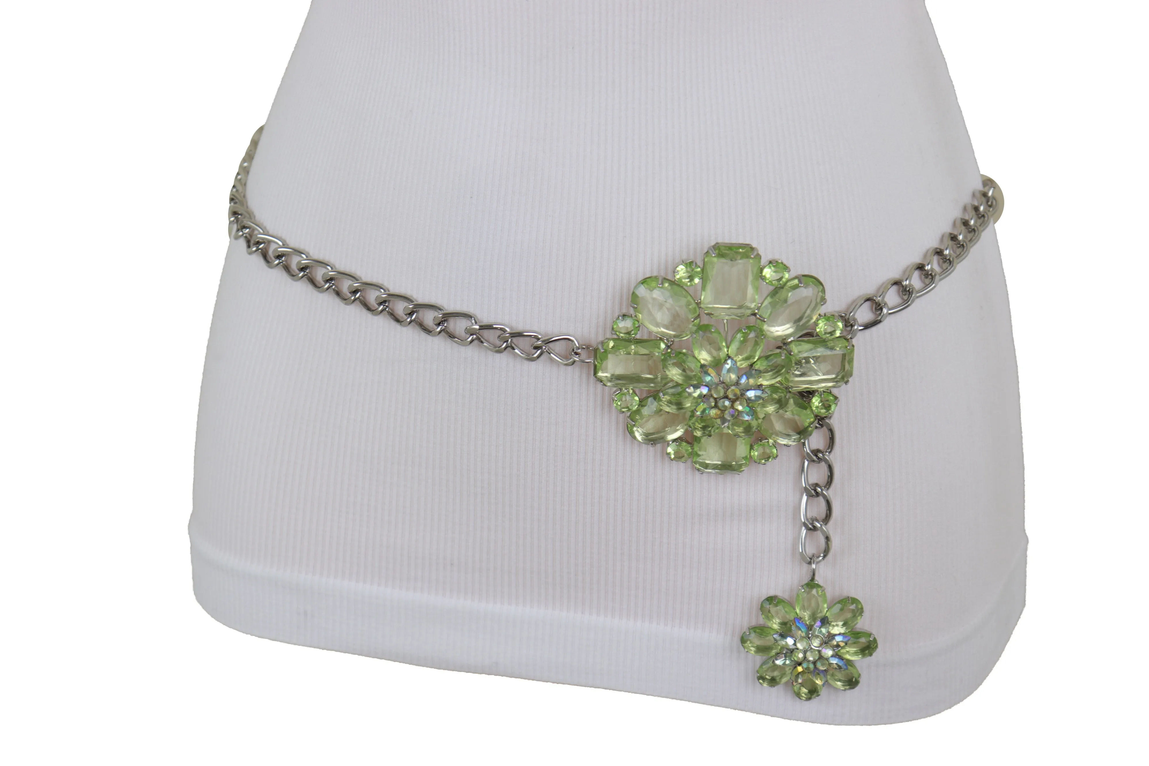 Silver Metal Chain Links Hip High Waist Fashion Belt Green Flower Fit Size XS S M