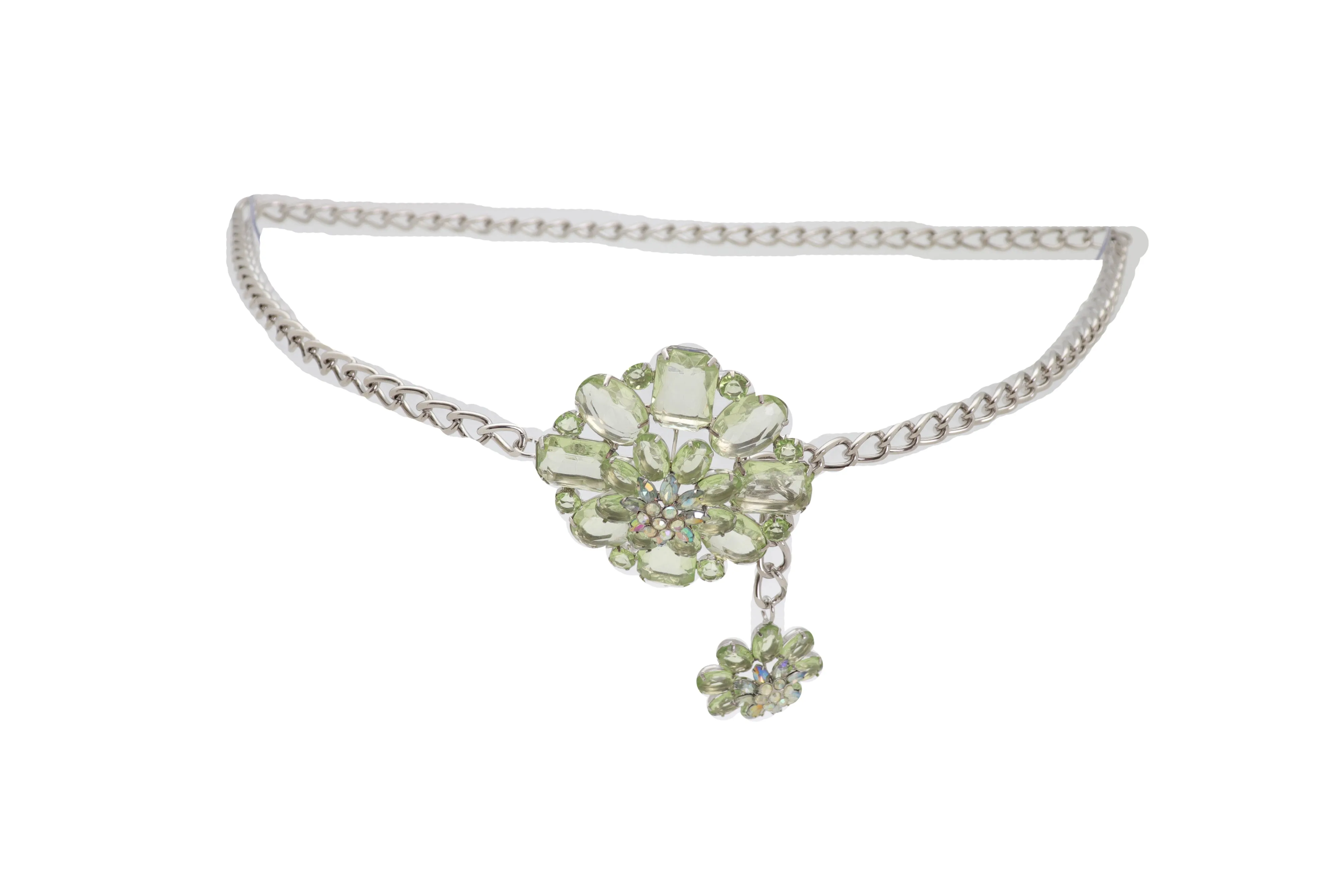Silver Metal Chain Links Hip High Waist Fashion Belt Green Flower Fit Size XS S M