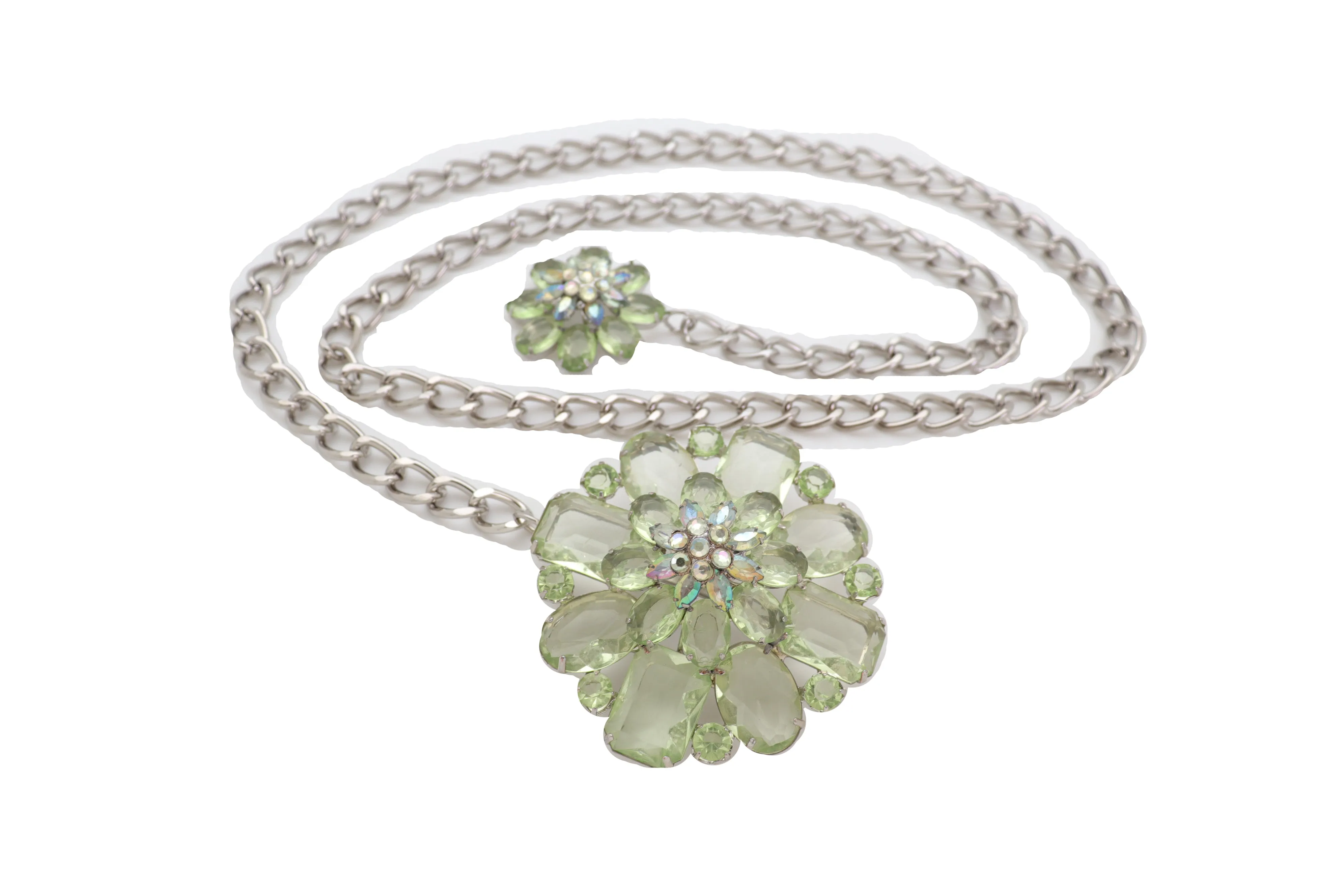 Silver Metal Chain Links Hip High Waist Fashion Belt Green Flower Fit Size XS S M