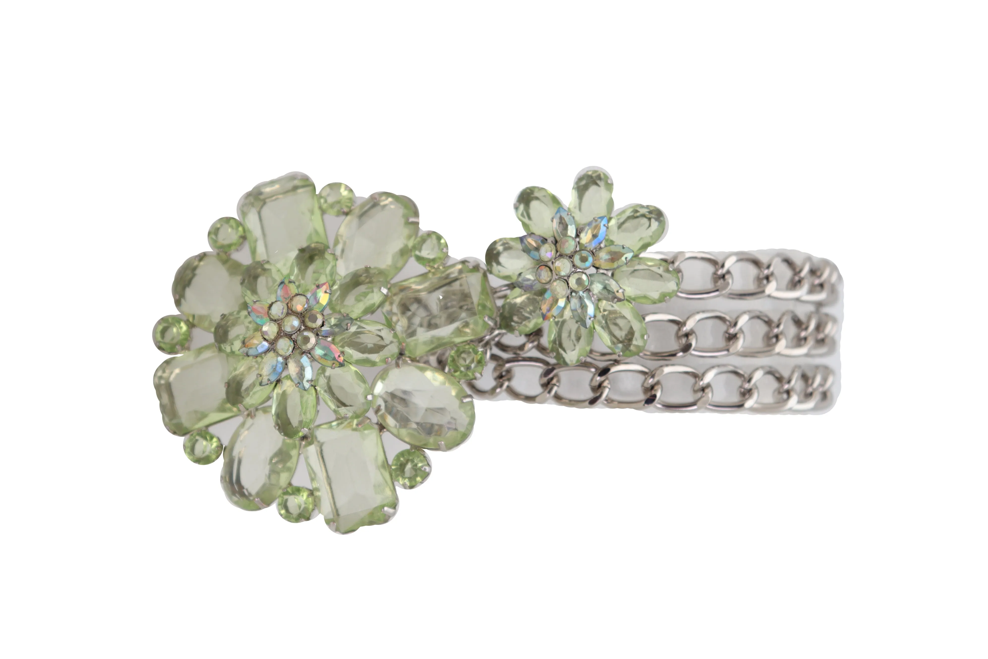 Silver Metal Chain Links Hip High Waist Fashion Belt Green Flower Fit Size XS S M