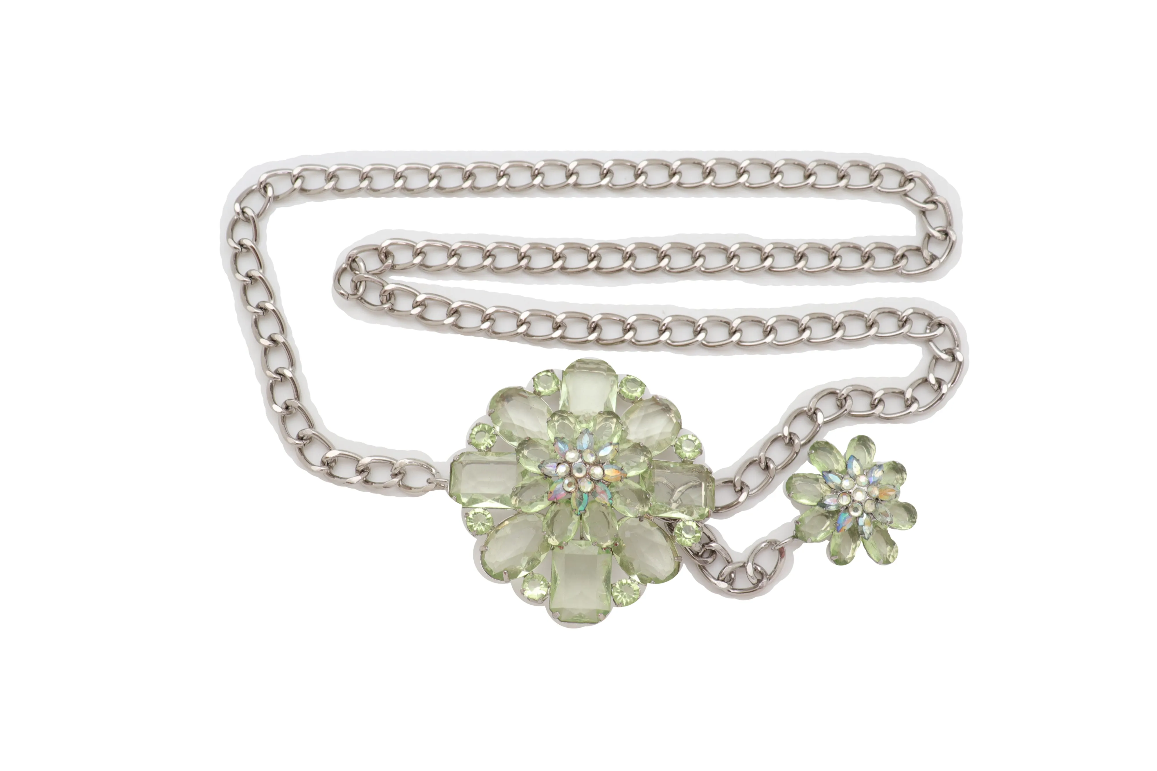 Silver Metal Chain Links Hip High Waist Fashion Belt Green Flower Fit Size XS S M