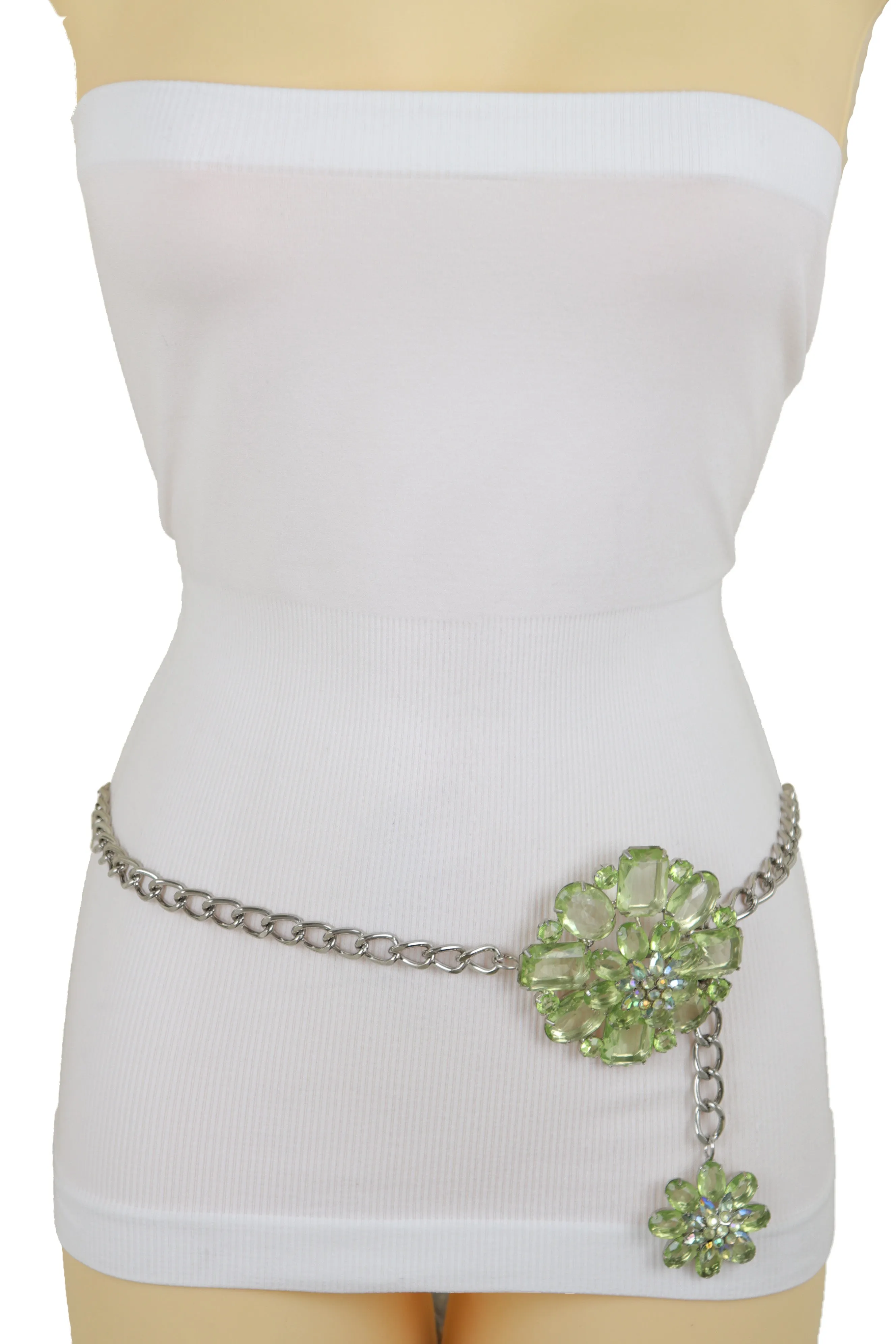 Silver Metal Chain Links Hip High Waist Fashion Belt Green Flower Fit Size XS S M