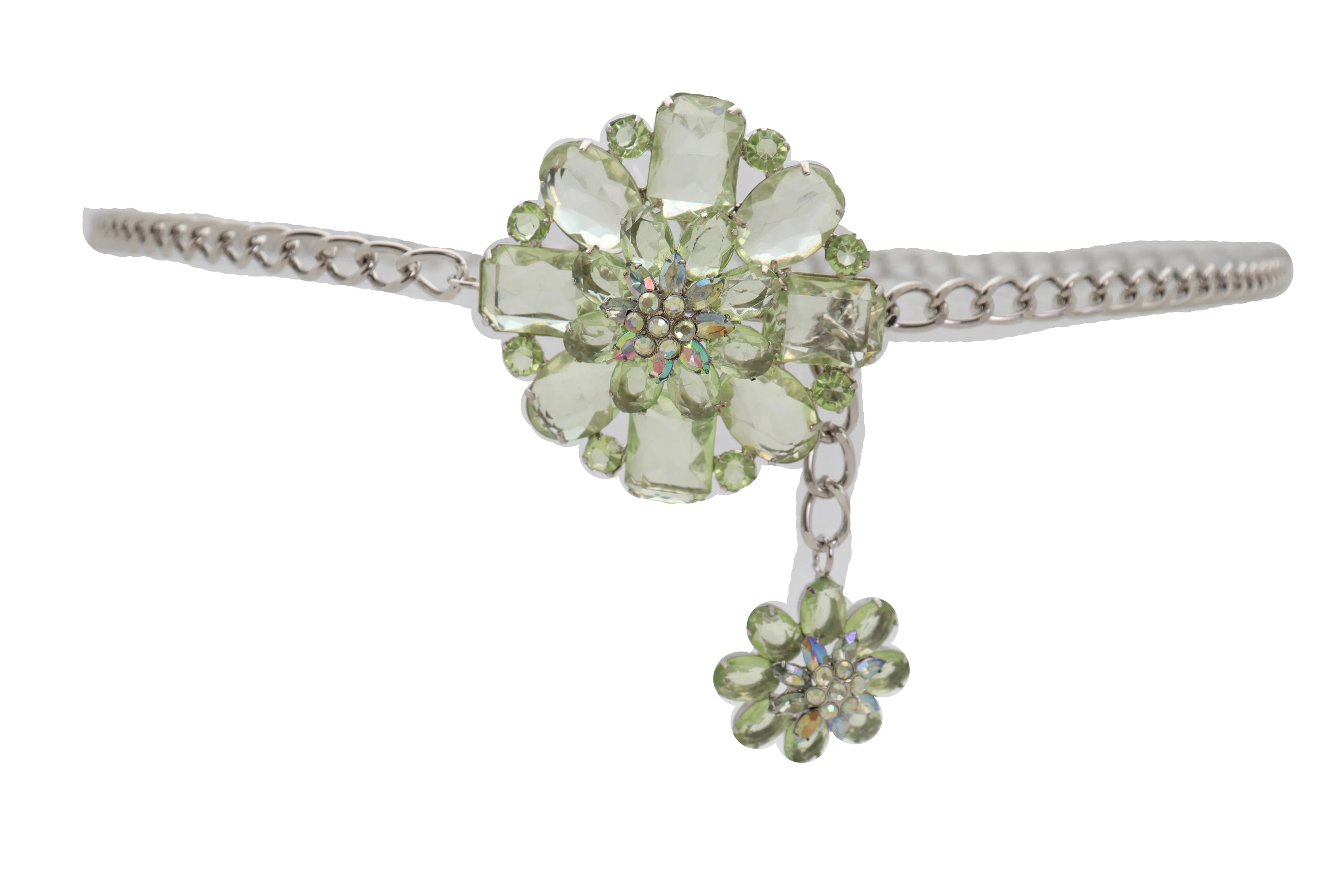 Silver Metal Chain Links Hip High Waist Fashion Belt Green Flower Fit Size XS S M