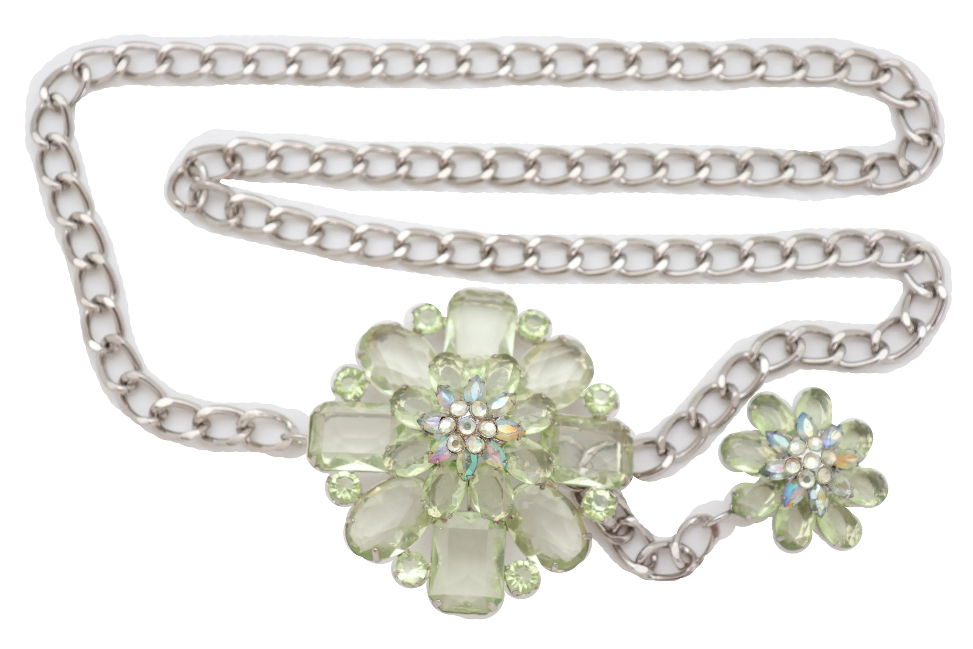 Silver Metal Chain Links Hip High Waist Fashion Belt Green Flower Fit Size XS S M