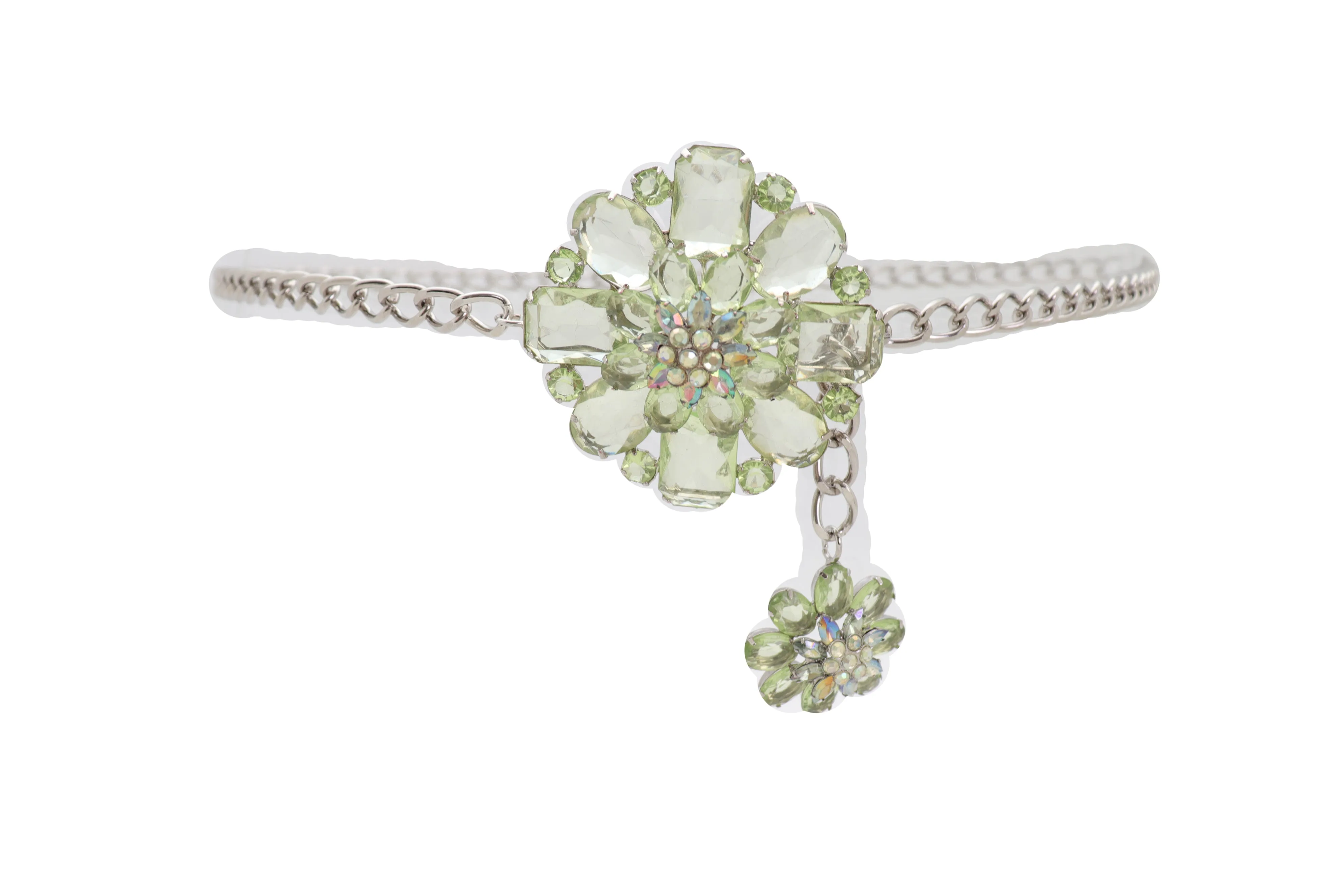 Silver Metal Chain Links Hip High Waist Fashion Belt Green Flower Fit Size XS S M