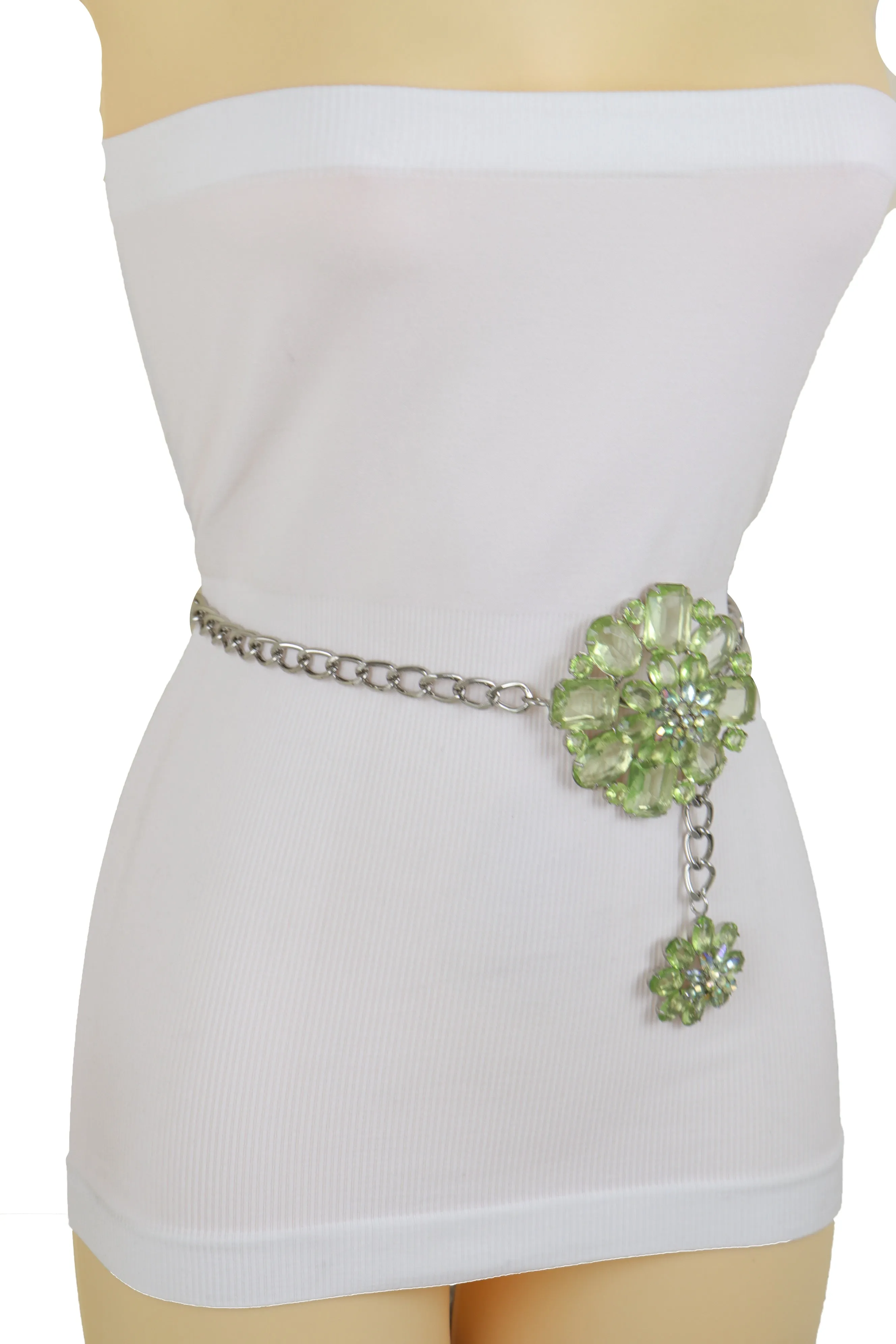 Silver Metal Chain Links Hip High Waist Fashion Belt Green Flower Fit Size XS S M