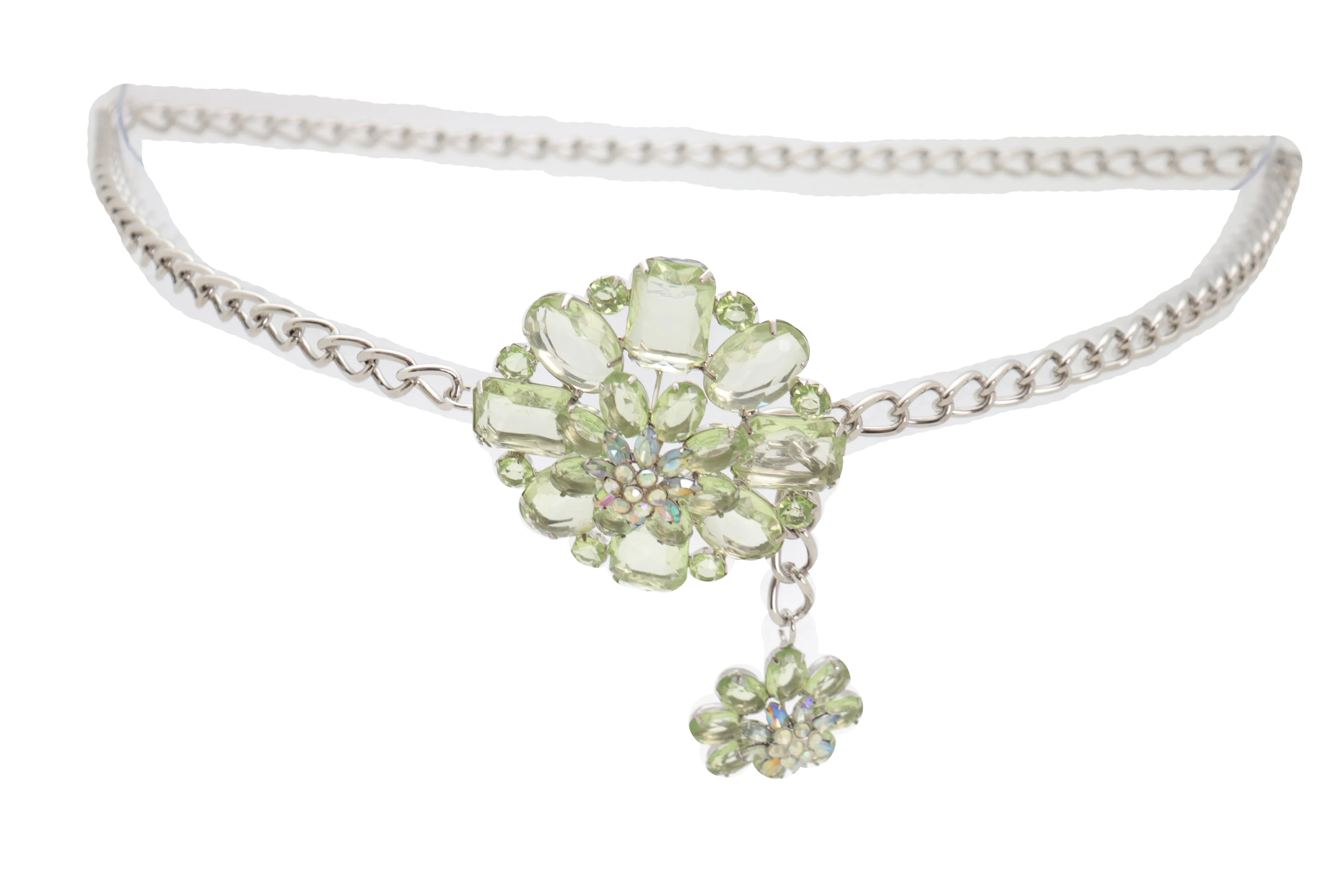 Silver Metal Chain Links Hip High Waist Fashion Belt Green Flower Fit Size XS S M