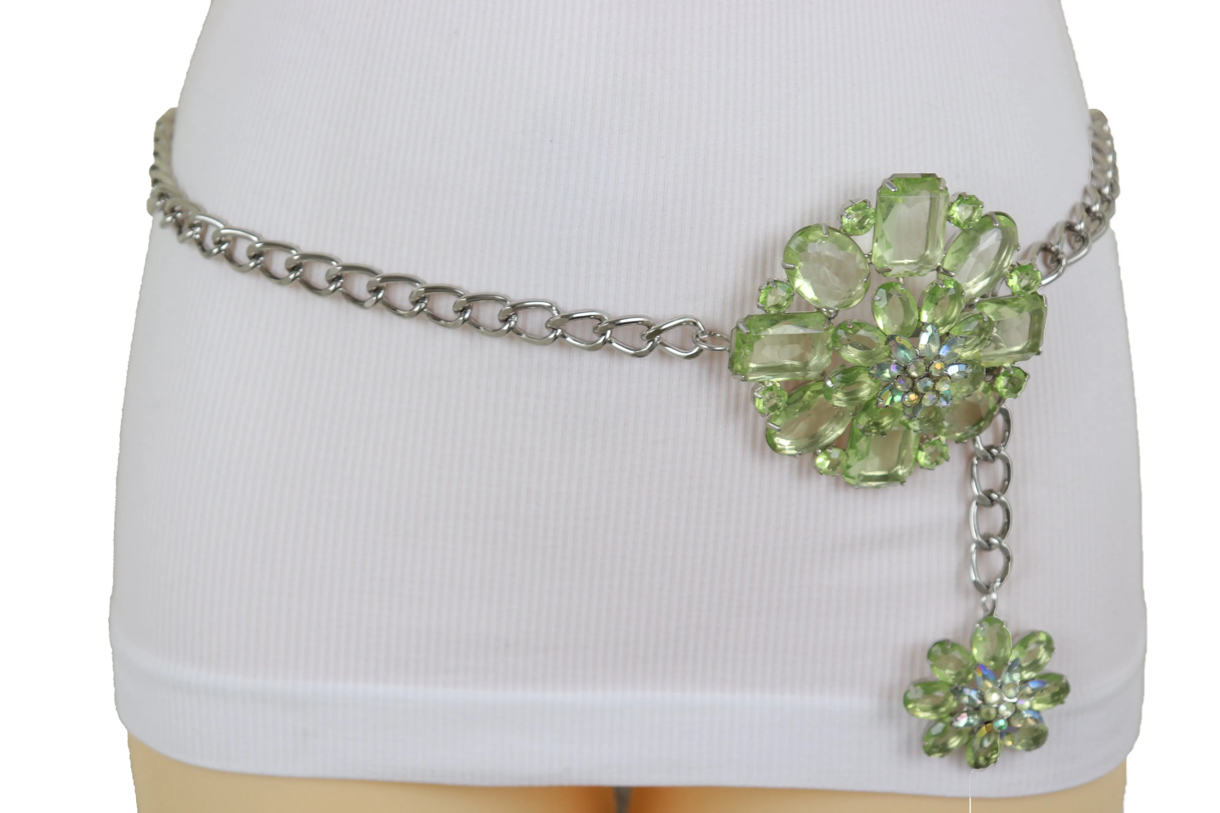 Silver Metal Chain Links Hip High Waist Fashion Belt Green Flower Fit Size XS S M