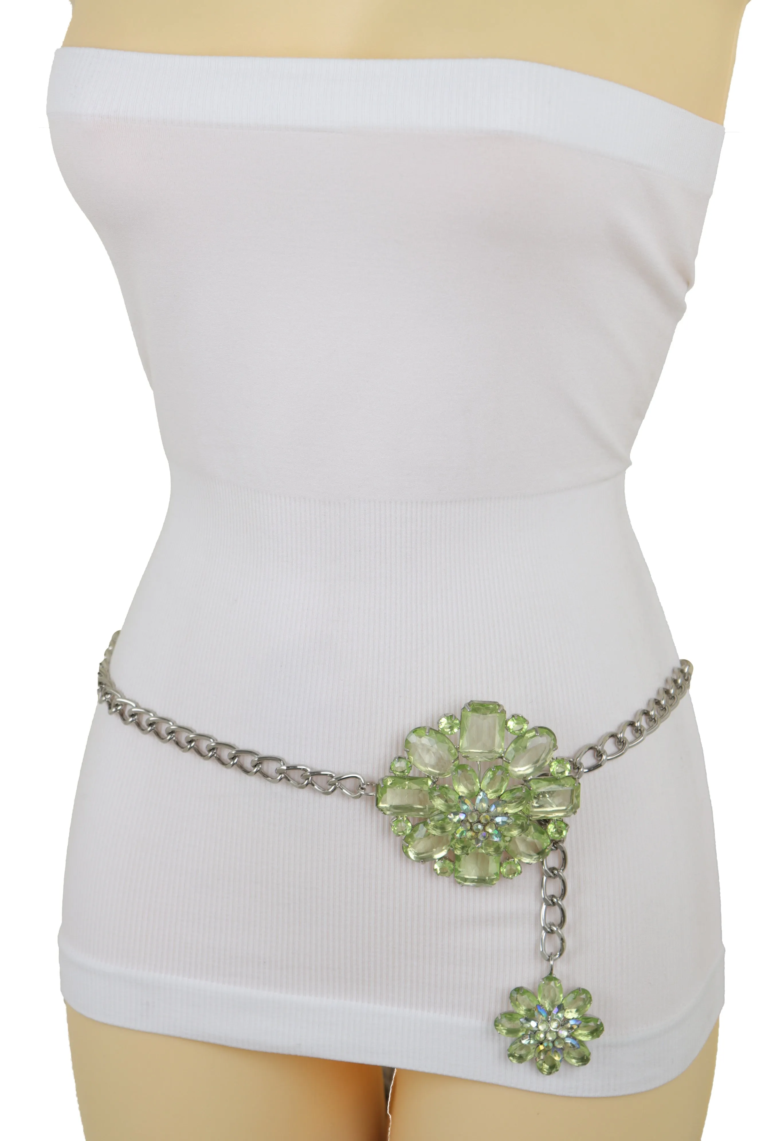 Silver Metal Chain Links Hip High Waist Fashion Belt Green Flower Fit Size XS S M