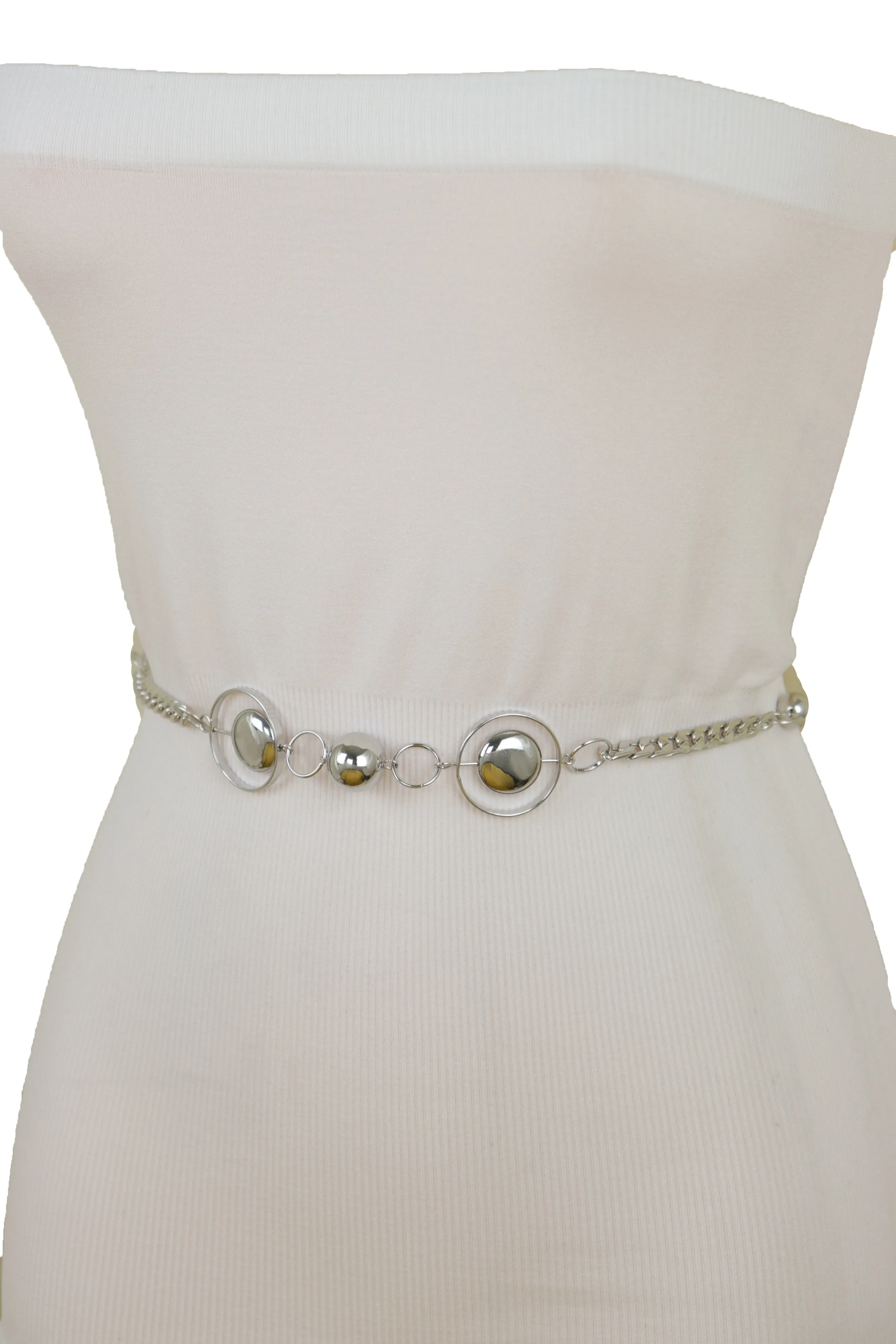 Silver Metal Chain Links Waistband Fashion Belt Circle Round Charms S M L